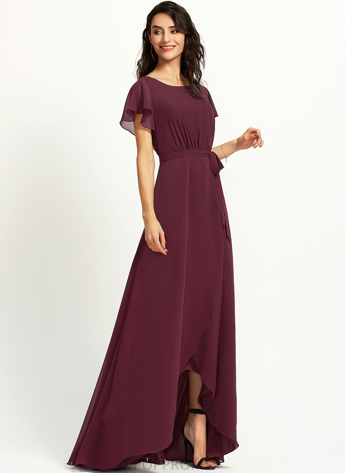 ScoopNeck Fabric Asymmetrical Neckline Embellishment A-Line Ruffle Length Silhouette Jakayla V-Neck Natural Waist Bridesmaid Dresses