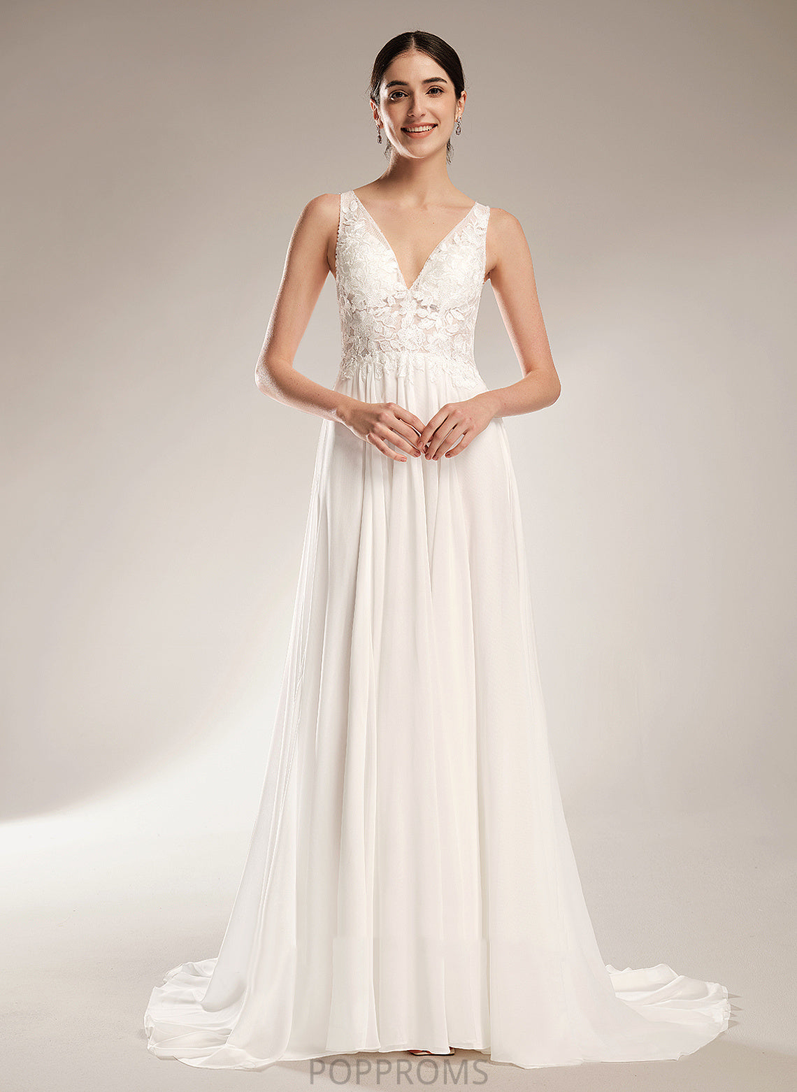 Beading Chiffon Wedding A-Line Train With Wedding Dresses Sequins V-neck Abbie Dress Court Lace