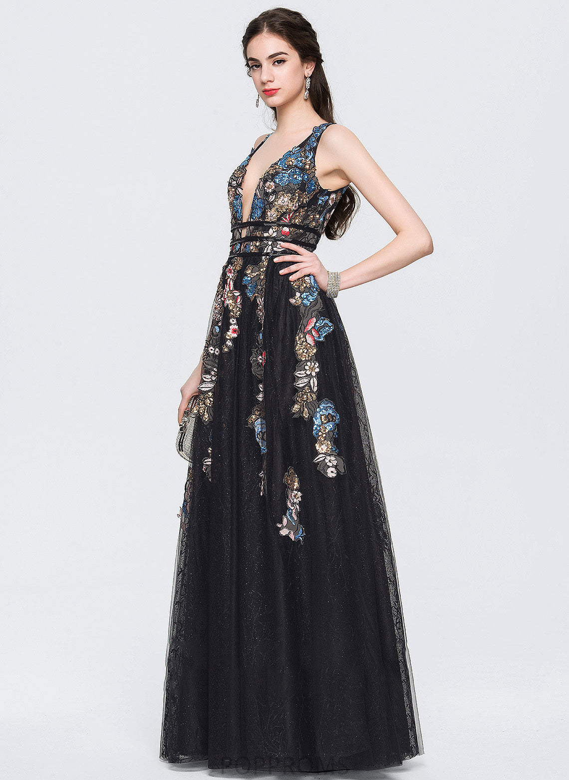 Prom Dresses With Tulle Beading Floor-Length Sequins A-Line Genesis Lace V-neck