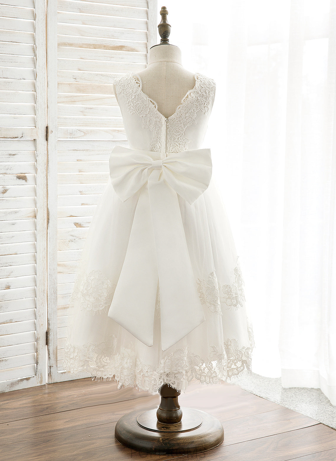 Bow(s)/V With Flower Girl Dresses A-Line Dress Tea-length Girl V-neck Kasey Back Sleeveless Tulle/Lace - Flower