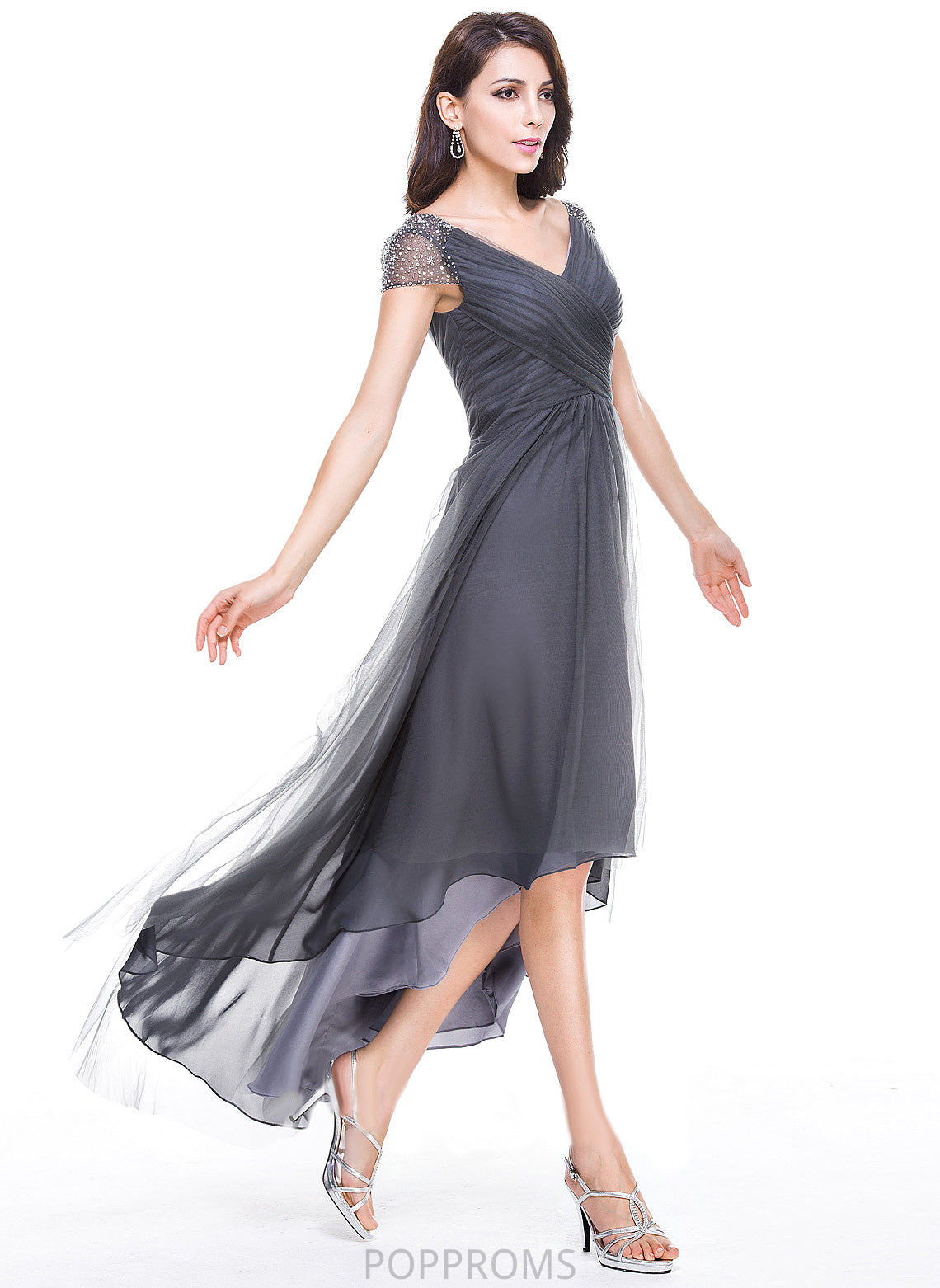 Asymmetrical A-Line of Dress Mother of the Bride Dresses Ruffle the Beading With Jaiden Tulle Bride Mother V-neck Sequins