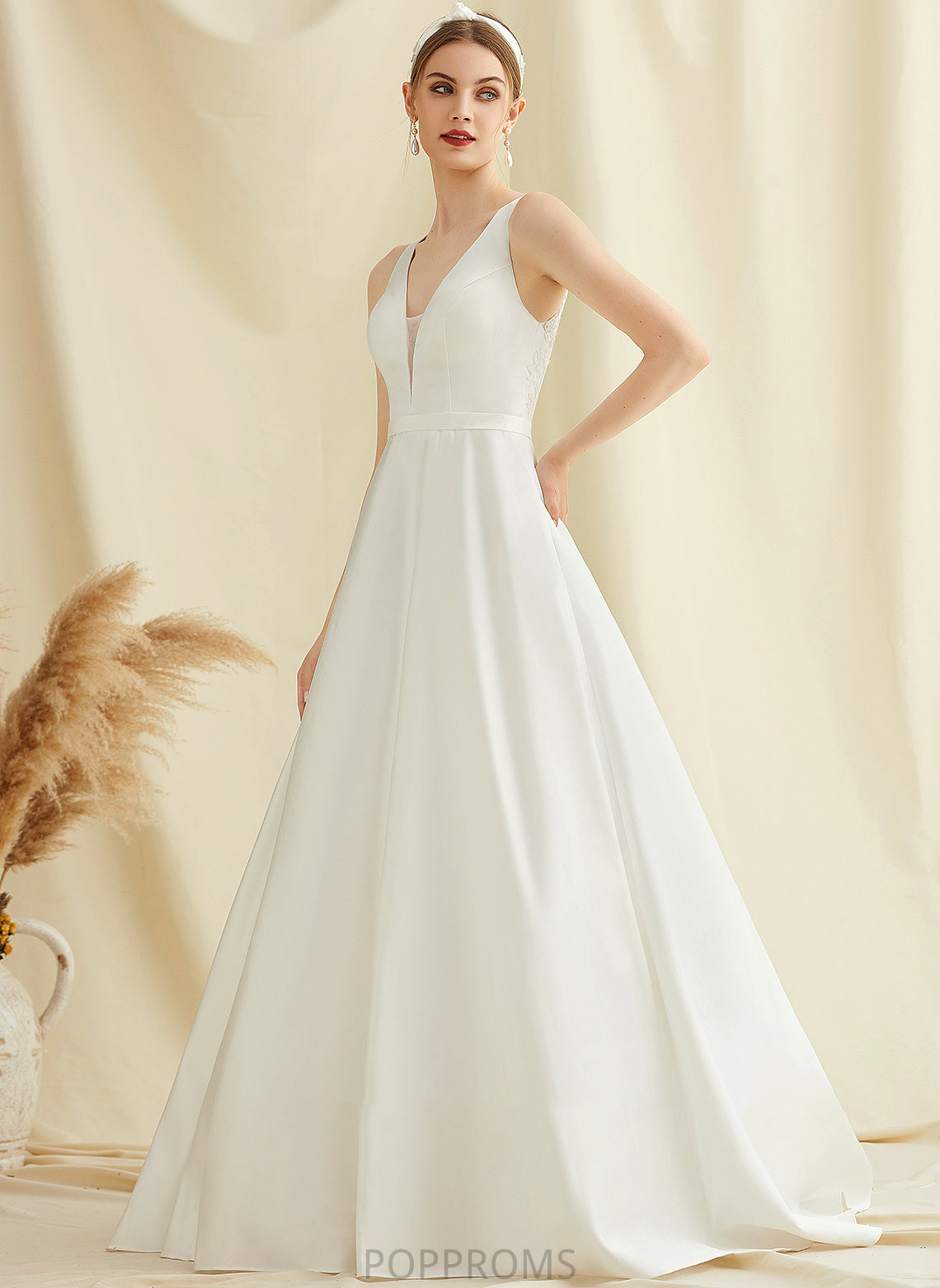 Ball-Gown/Princess Pockets Mylie Dress Satin Train Sweep With Lace Wedding Dresses Wedding V-neck