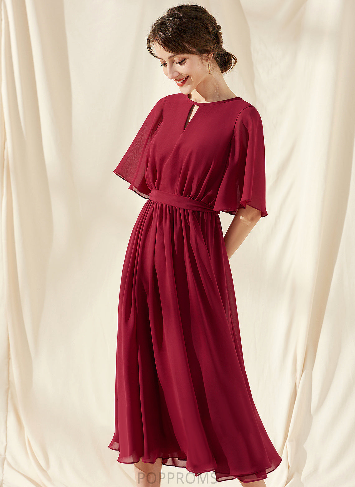 Chiffon Scoop Dress Cocktail Dresses With Ruffle Tea-Length Bow(s) Cocktail A-Line Neck Karen