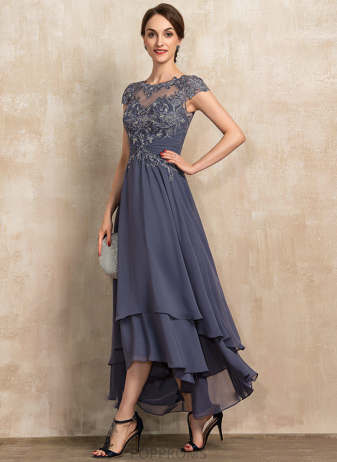 Taniyah A-Line Mother of the Dress Beading Mother of the Bride Dresses With Asymmetrical Bride Chiffon Scoop Neck Lace