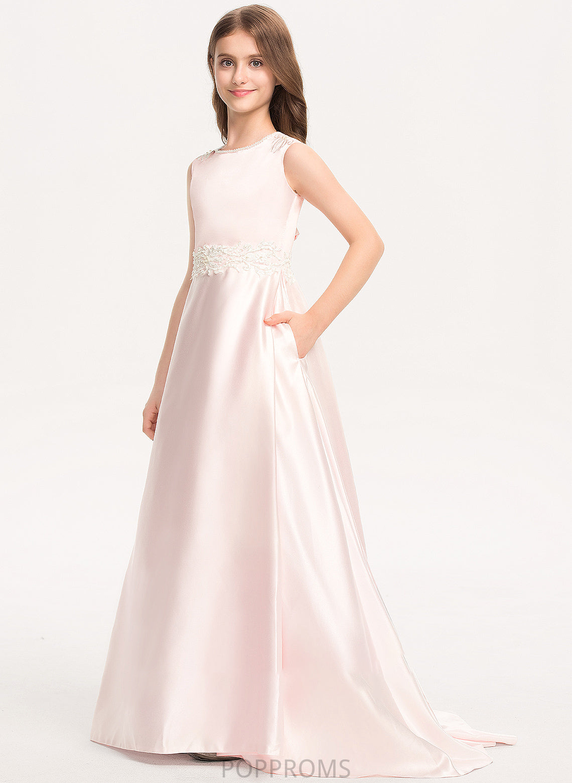 With Train A-Line Bow(s) Sweep Lace Maia Pockets Satin Junior Bridesmaid Dresses Scoop Neck