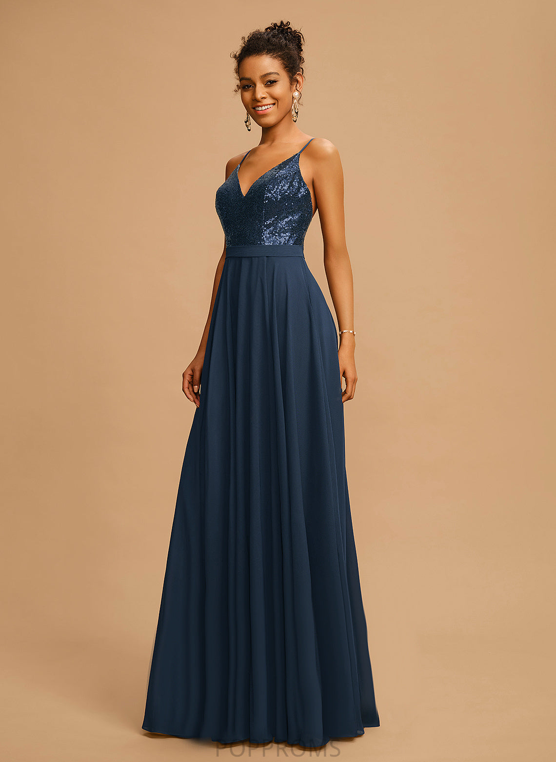 A-Line Izabella Chiffon Floor-Length With Sequined Prom Dresses Sequins V-neck