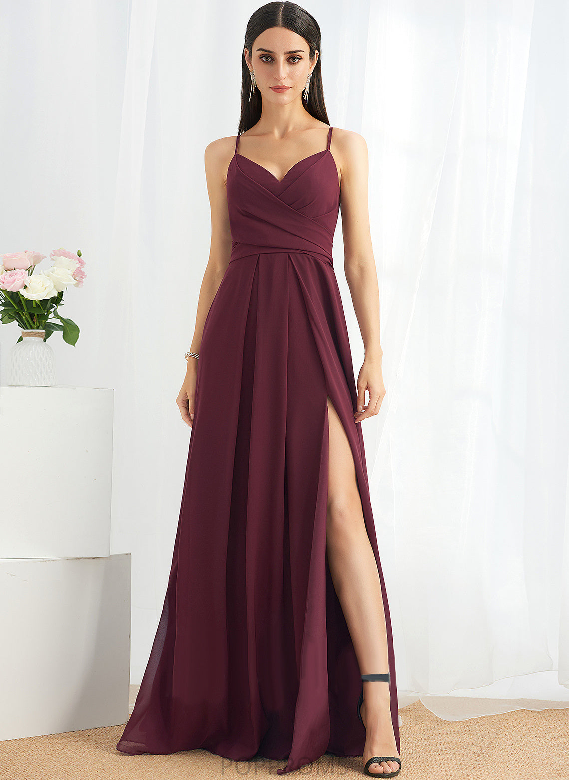 Ruffle Embellishment Neckline Floor-Length V-neck Length A-Line Fabric Silhouette SplitFront Jaden Off The Shoulder Bridesmaid Dresses