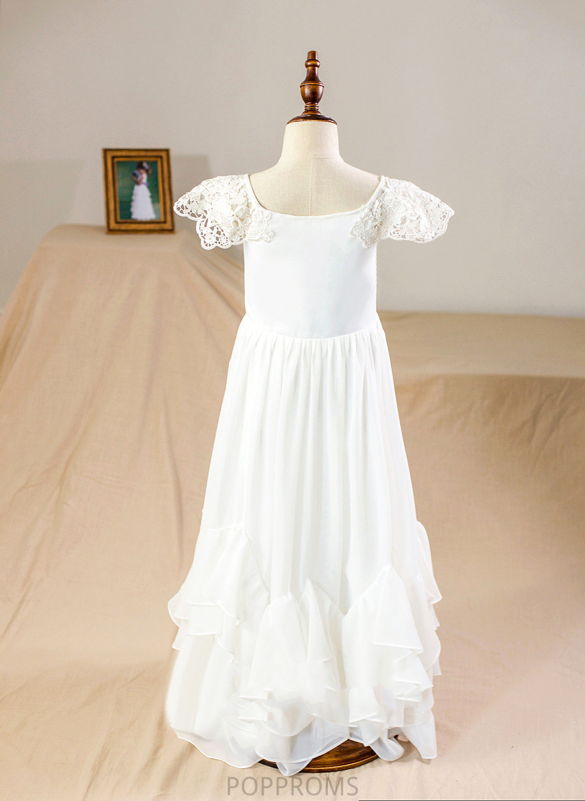 With - Neck Flower Lace Sleeves Short A-Line Flower Girl Dresses Chiffon Dress Girl Floor-length Hayley Scoop