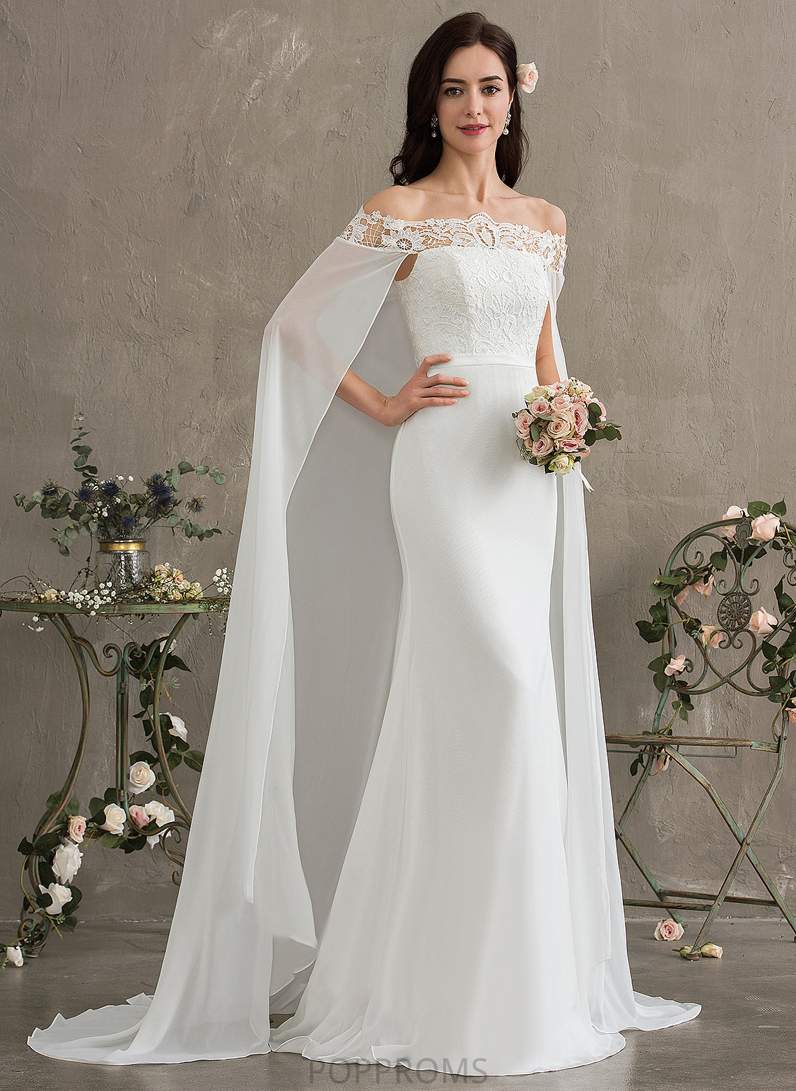 Lace Dress Lace Train Sheath/Column Wedding Dresses Gianna Chiffon With Court Off-the-Shoulder Wedding