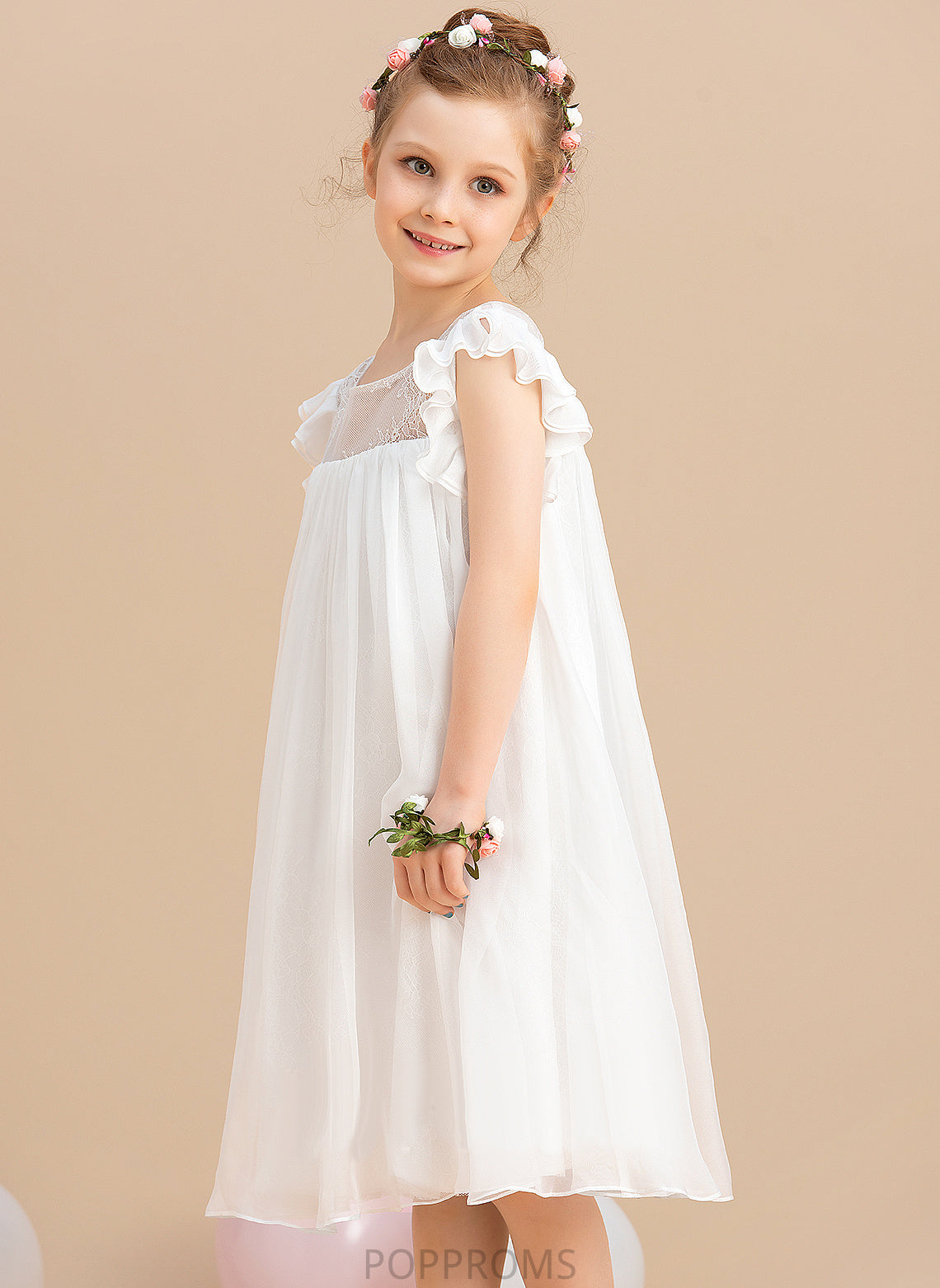 Girl Scoop Sleeves Dress Lace With Flower Girl Dresses Chiffon Flower A-Line Short - Neck Knee-length Bryanna