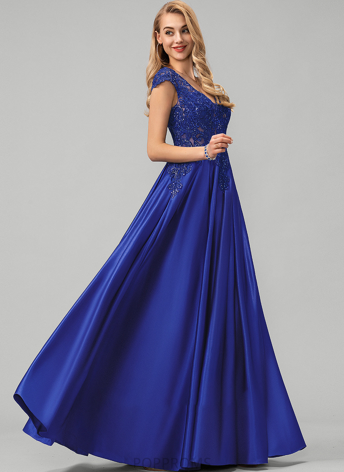 Sequins Emily Prom Dresses Floor-Length Satin Lace V-neck Ball-Gown/Princess With