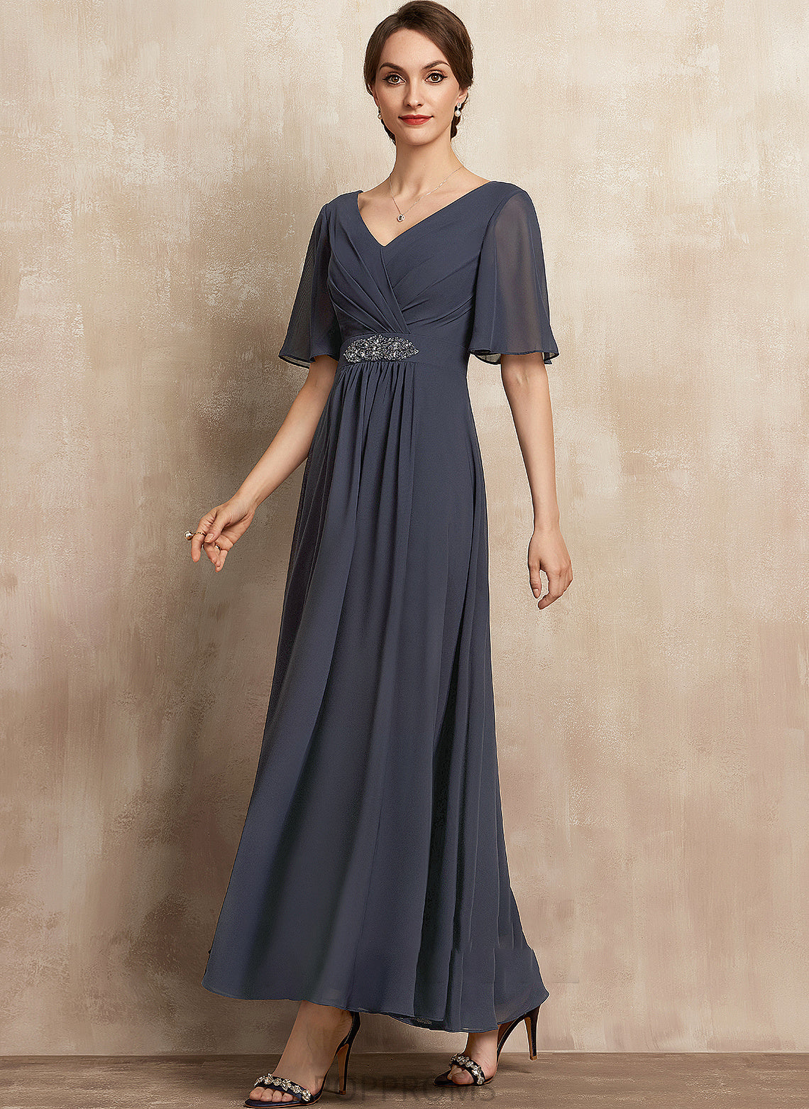 the Mother With Ankle-Length Mother of the Bride Dresses Ruffle of Dress Bride A-Line Beading Sequins Casey V-neck Chiffon