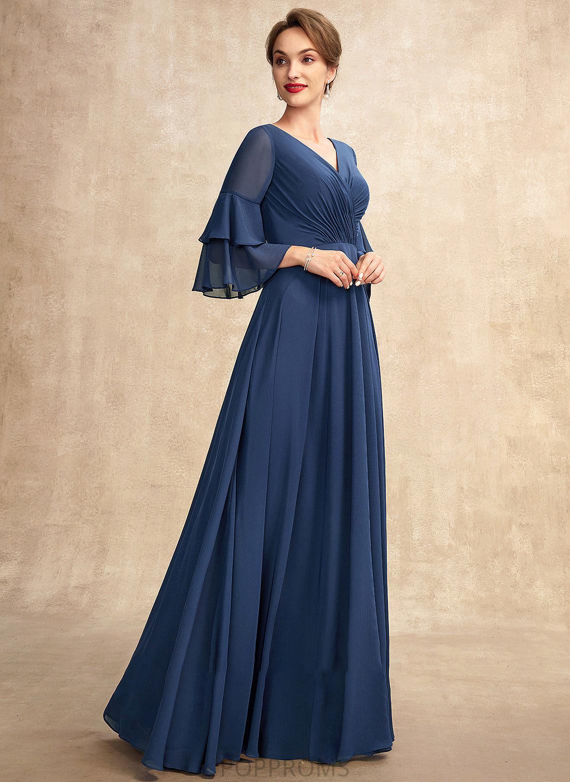 Bride Floor-Length of the With Ruffles V-neck Mother A-Line Chiffon Adriana Mother of the Bride Dresses Dress Cascading