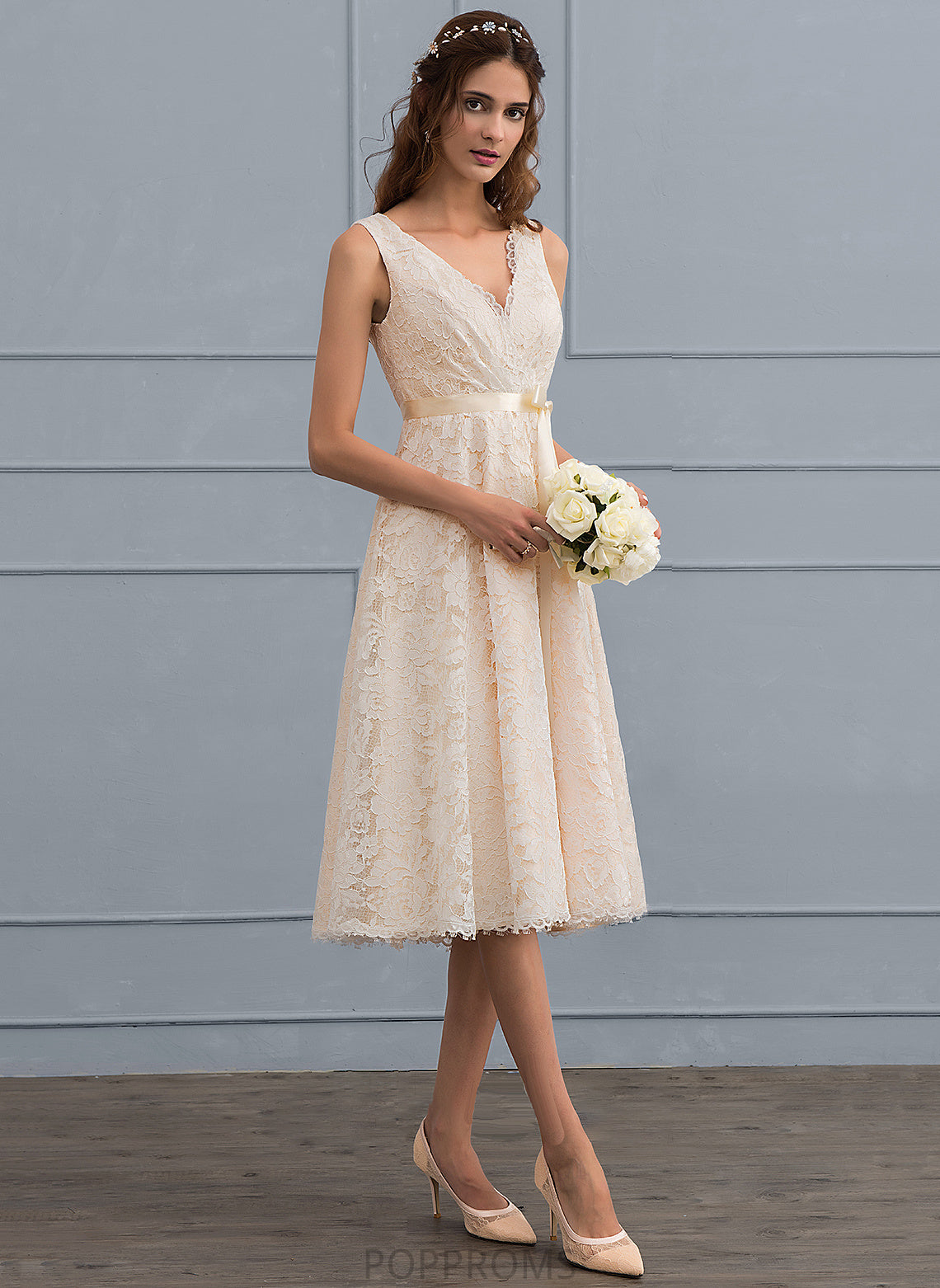 Bow(s) With Wedding Emmy V-neck Wedding Dresses Dress Lace A-Line Knee-Length