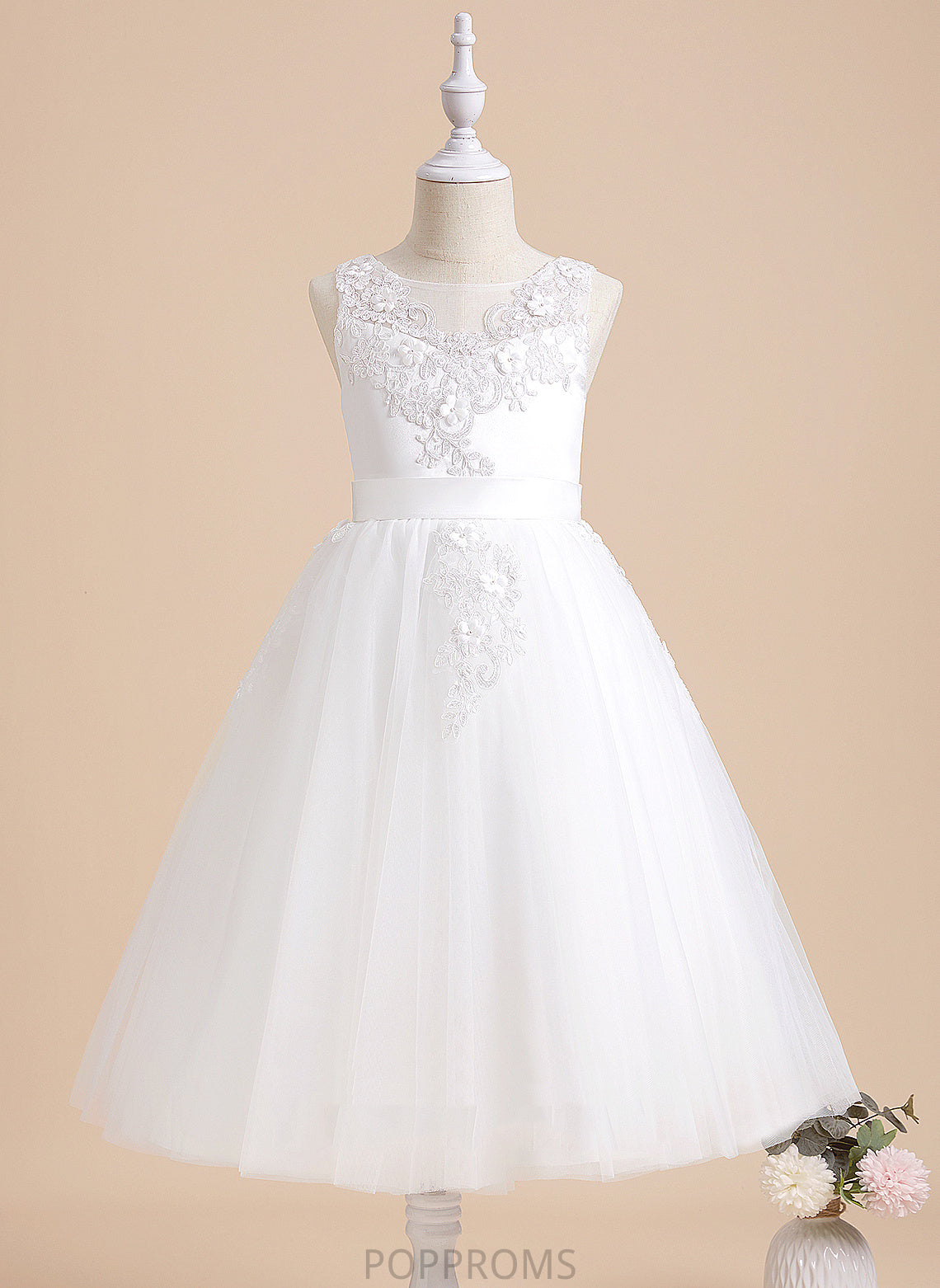 Talia - Sleeveless Flower Girl Dresses Flower With Tea-length Scoop Dress Neck A-Line Beading/Flower(s) Girl Tulle/Lace