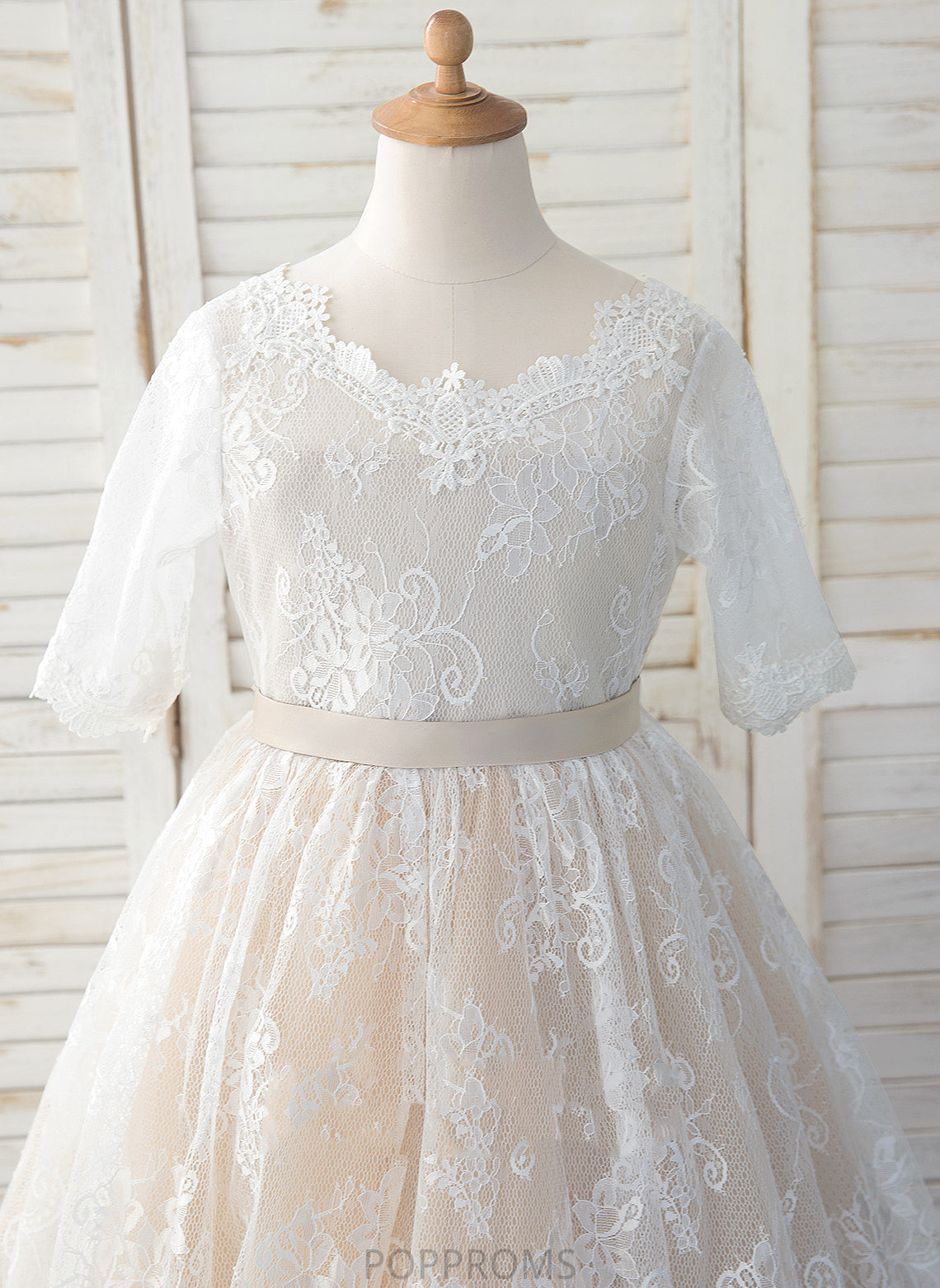 Sleeves With Flower Girl Dresses Flower Tulle/Lace Bow(s) Neck A-Line Girl Scoop - 3/4 Charlee Dress Tea-length