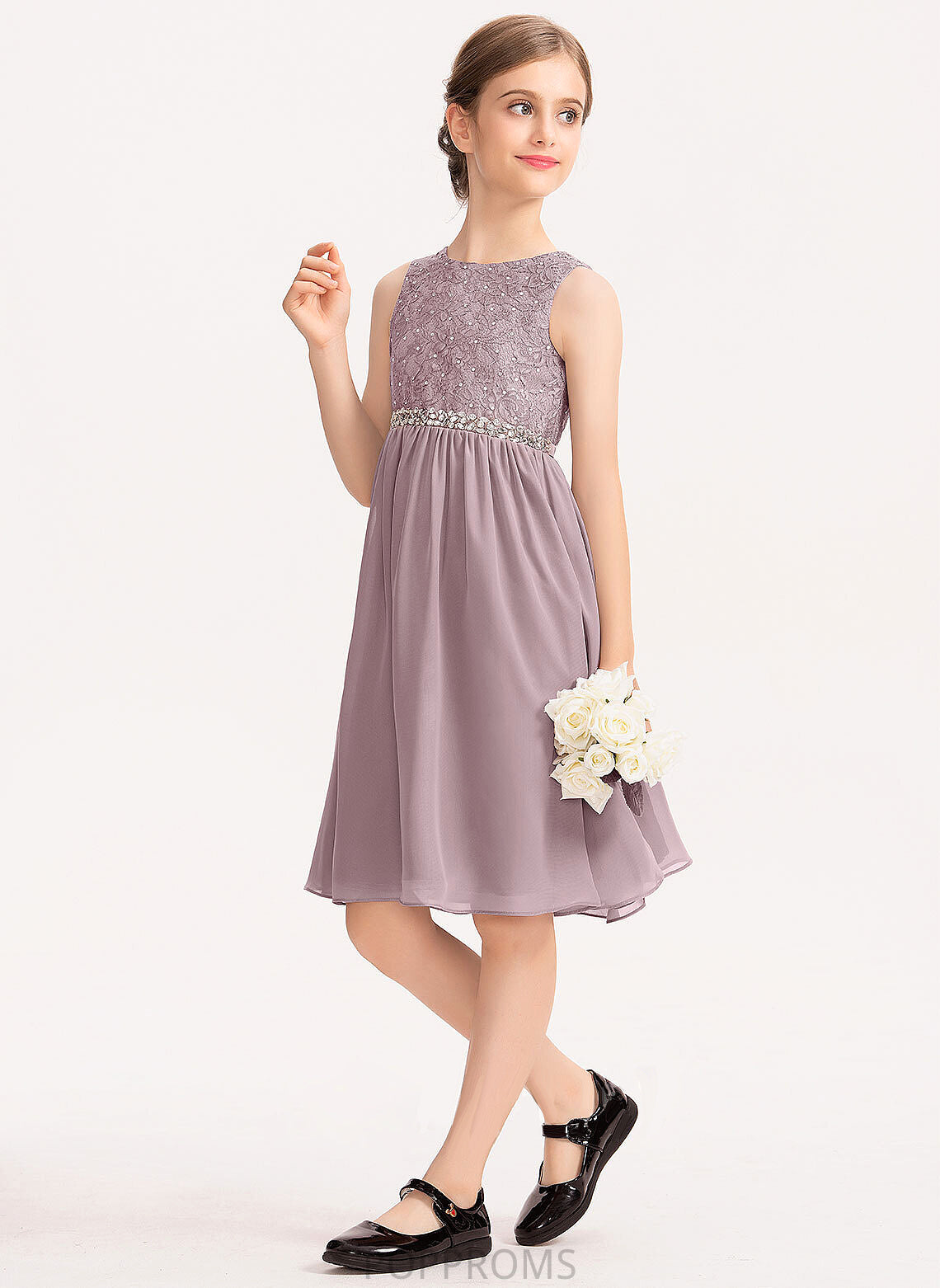 With Chiffon Beading Junior Bridesmaid Dresses Knee-Length Bow(s) Neck Payton A-Line Lace Scoop