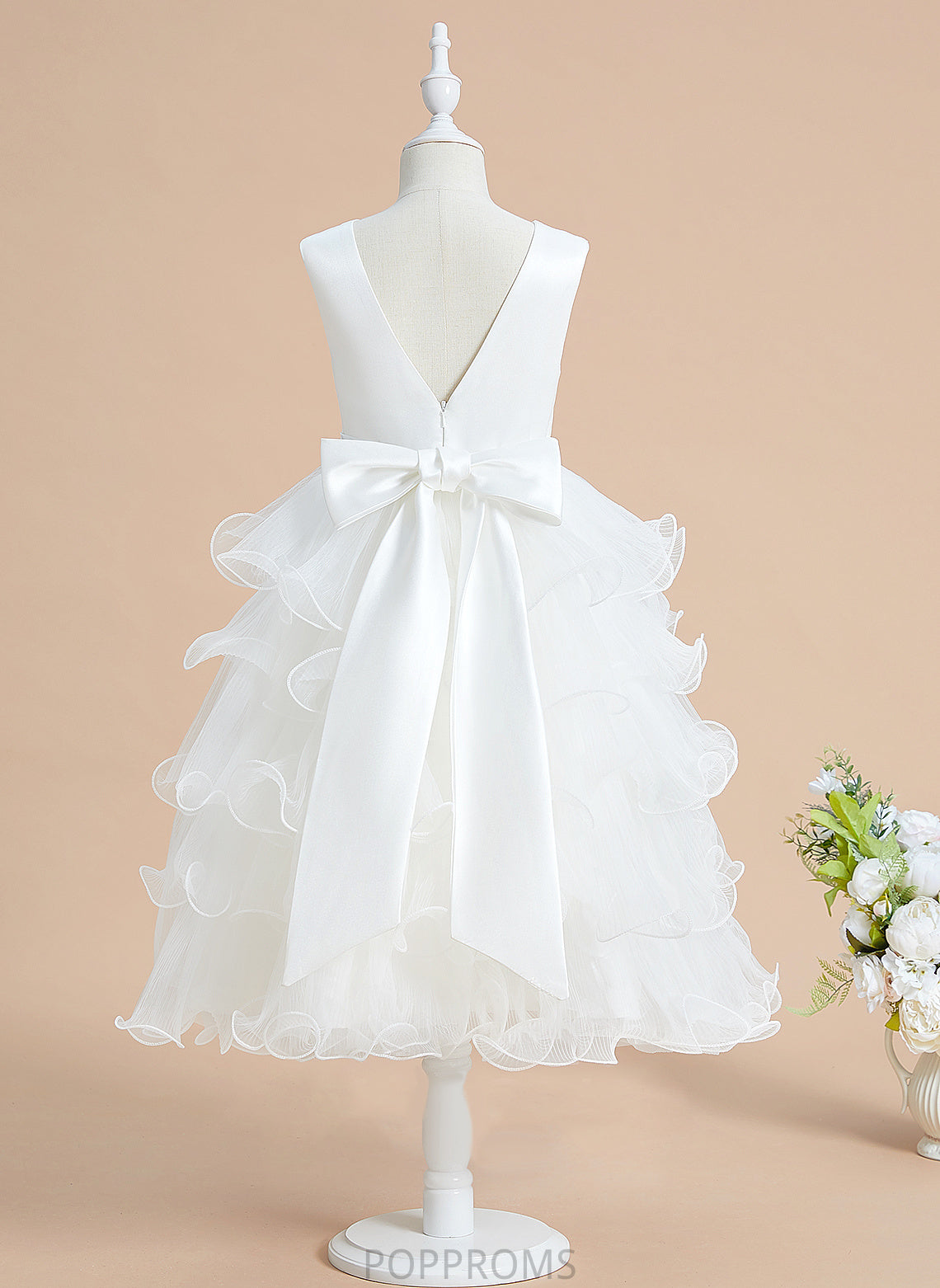 Flower Tea-length Girl Kira With Ball-Gown/Princess Dress V-neck Sleeveless - Flower Girl Dresses Bow(s) Satin/Tulle