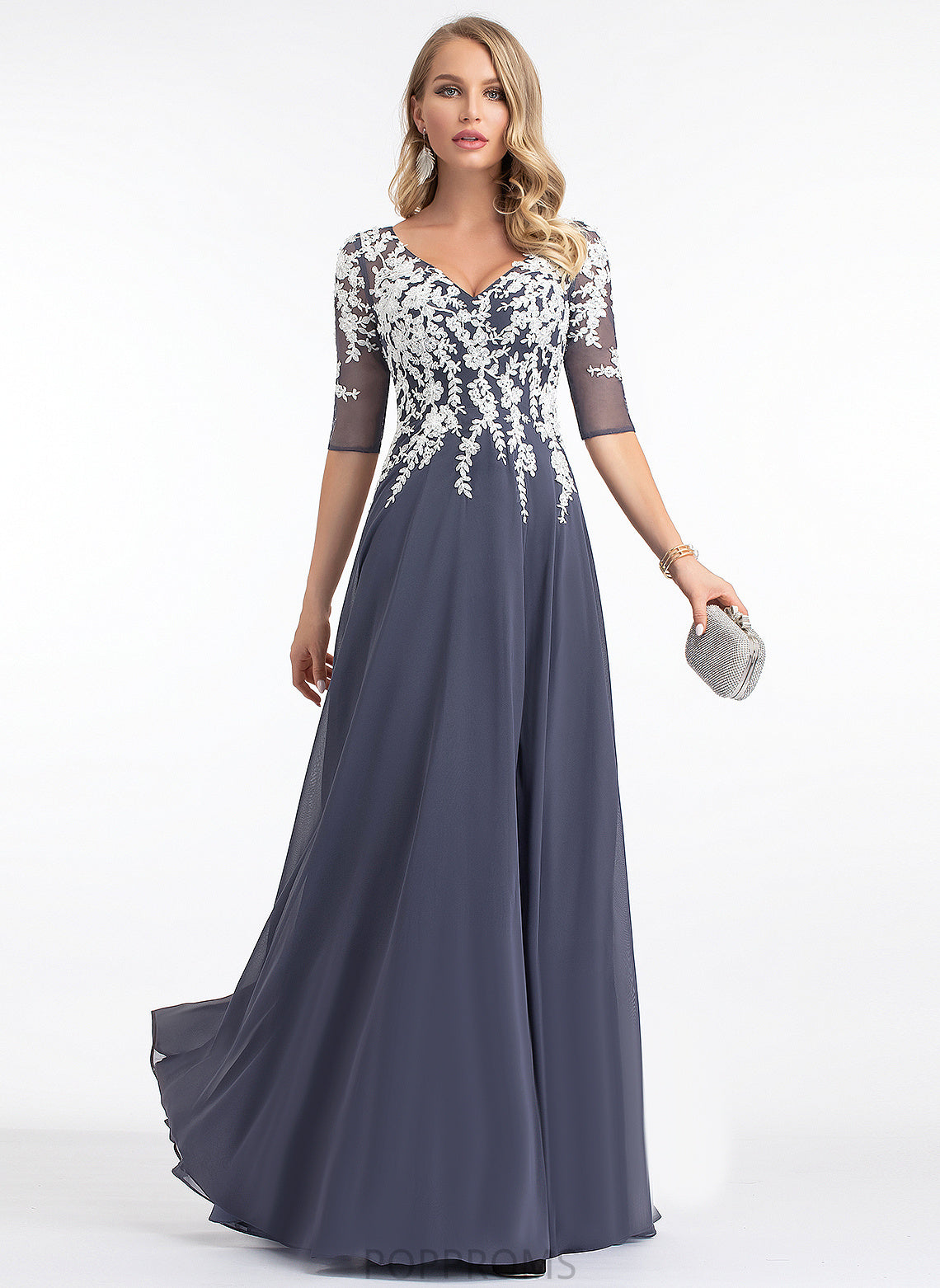 Chiffon Floor-Length V-neck Alma Lace A-Line Prom Dresses