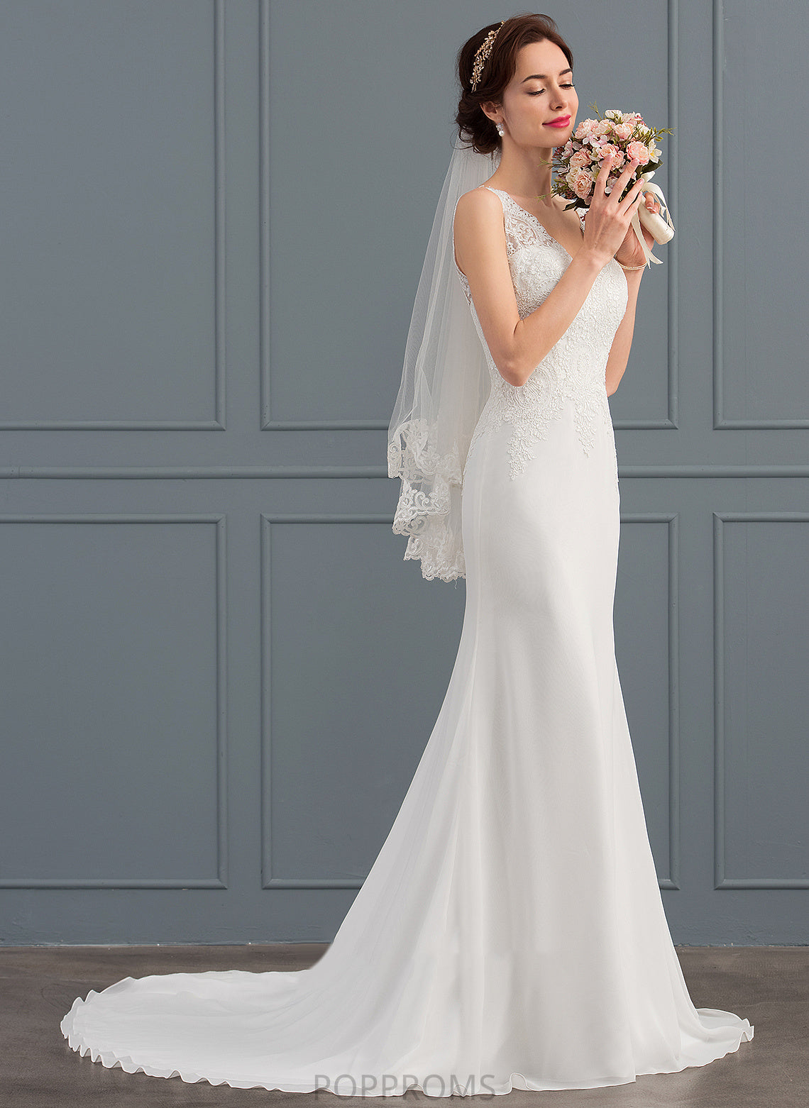 V-neck Court Kianna Lace Trumpet/Mermaid Chiffon Wedding Train Wedding Dresses Dress