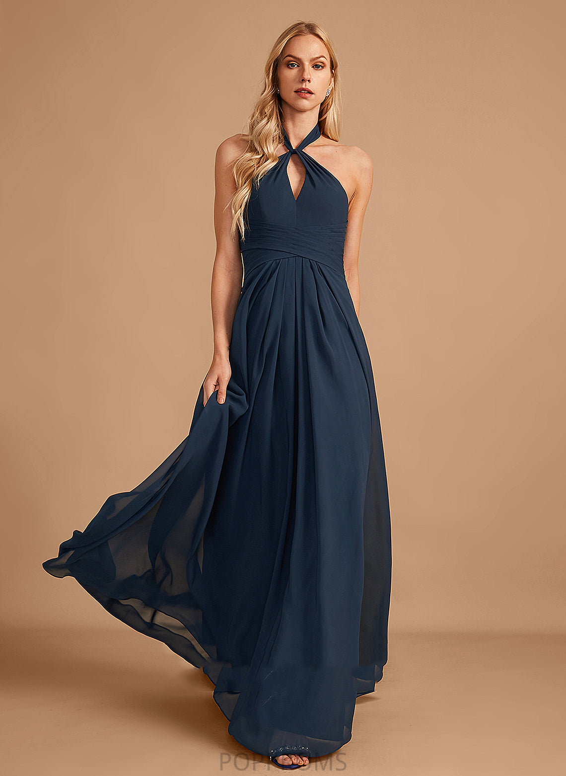 Silhouette Halter Ruffle Neckline Embellishment A-Line Length Fabric Floor-Length Ali Natural Waist Sleeveless Bridesmaid Dresses