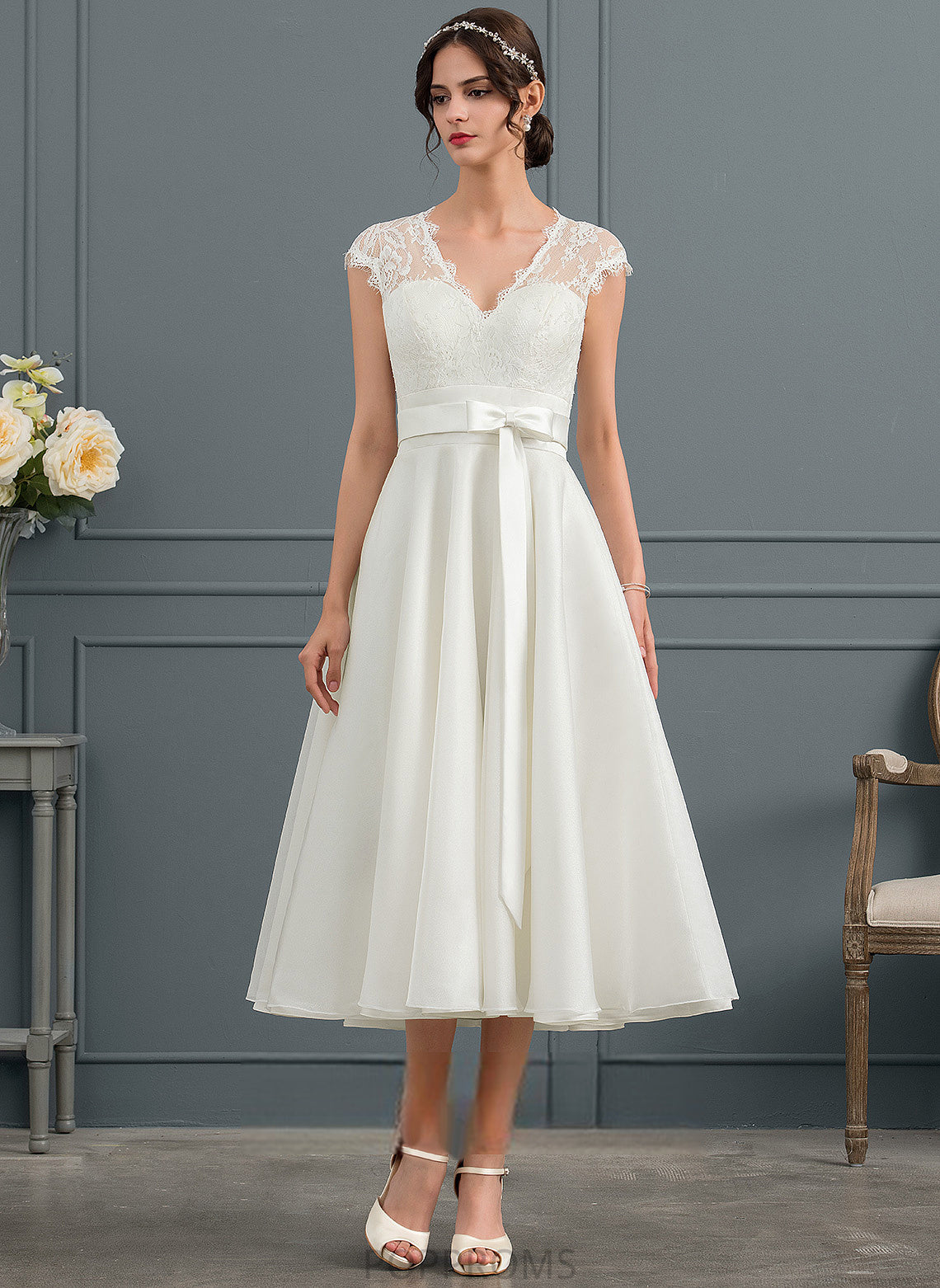 Dress Alyvia V-neck Wedding Satin Tea-Length Lace Wedding Dresses Bow(s) With A-Line