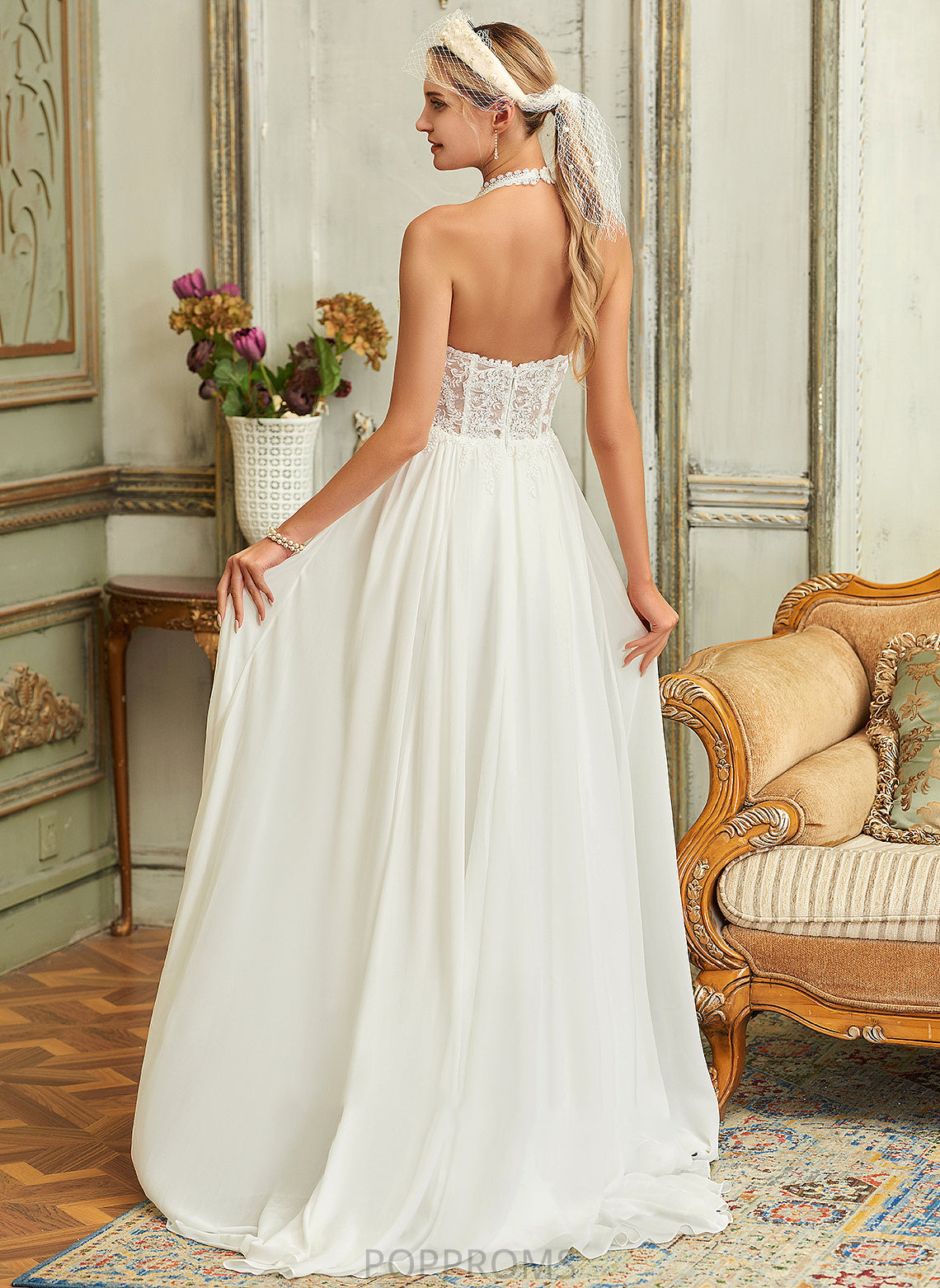 Wedding Dress Halter Sweep Train Chiffon A-Line Jasmin Lace Wedding Dresses