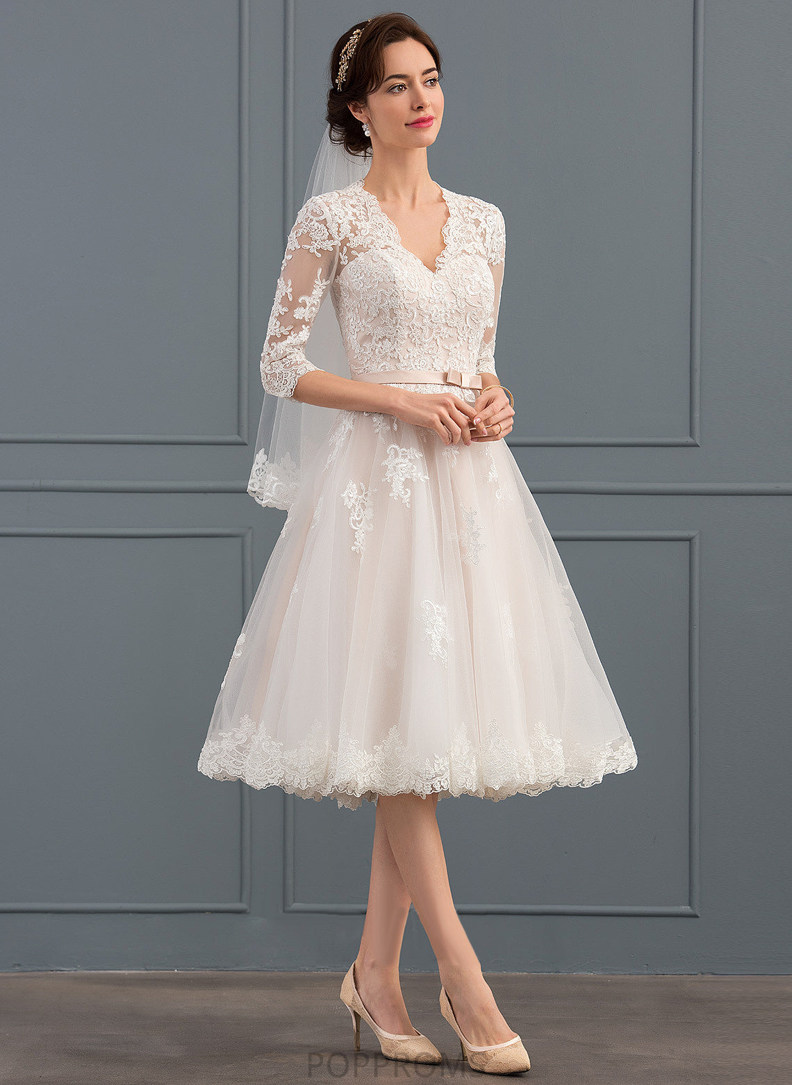 Wedding Dresses Jayda A-Line With Wedding Knee-Length Bow(s) Dress Lace Tulle V-neck