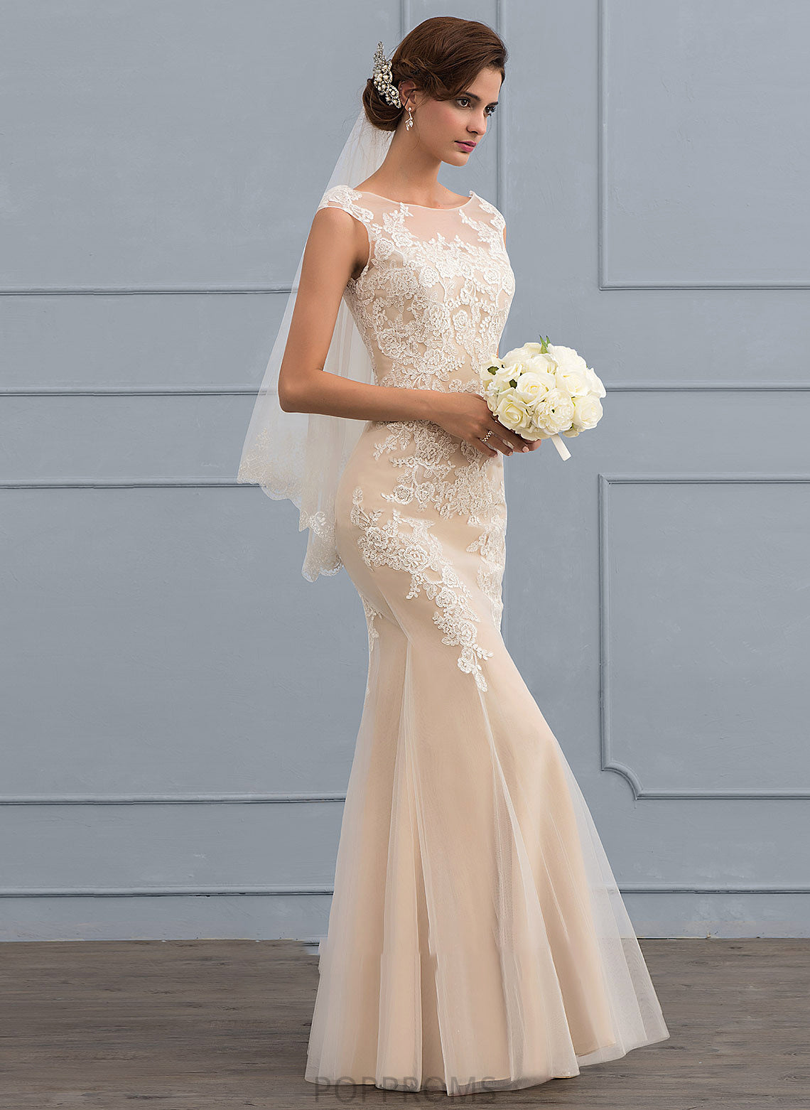 Wedding Dresses Floor-Length Abbigail Trumpet/Mermaid Scoop Tulle Wedding Dress Lace Neck