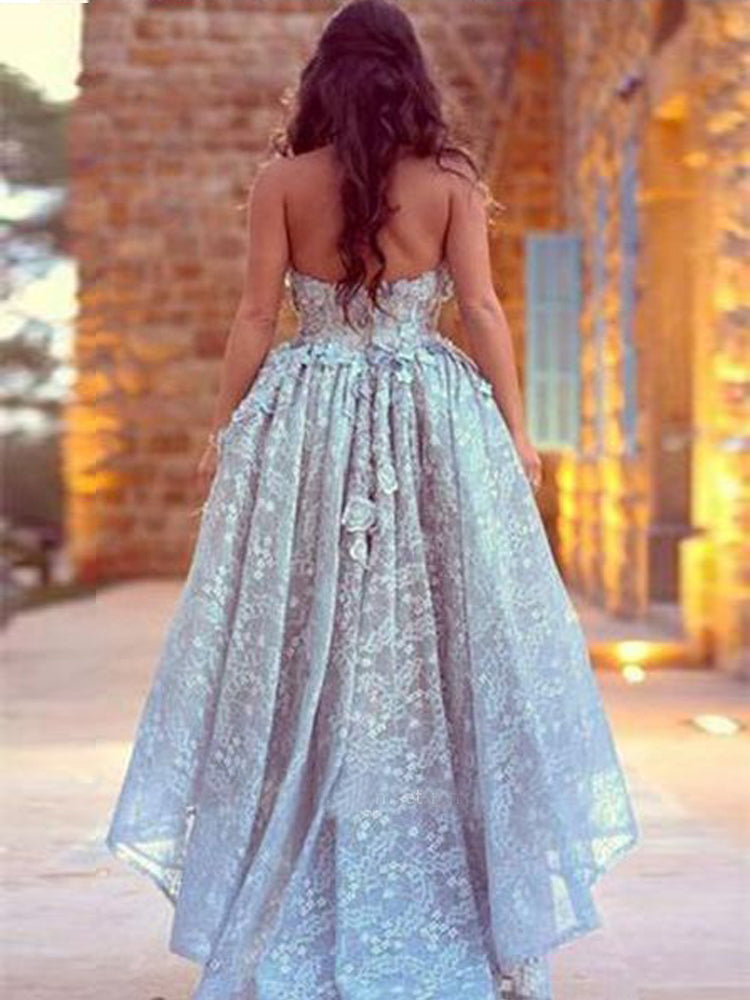 Luxury Sweetheart Ball Gown High Low Lace Appliques Prom Dresses