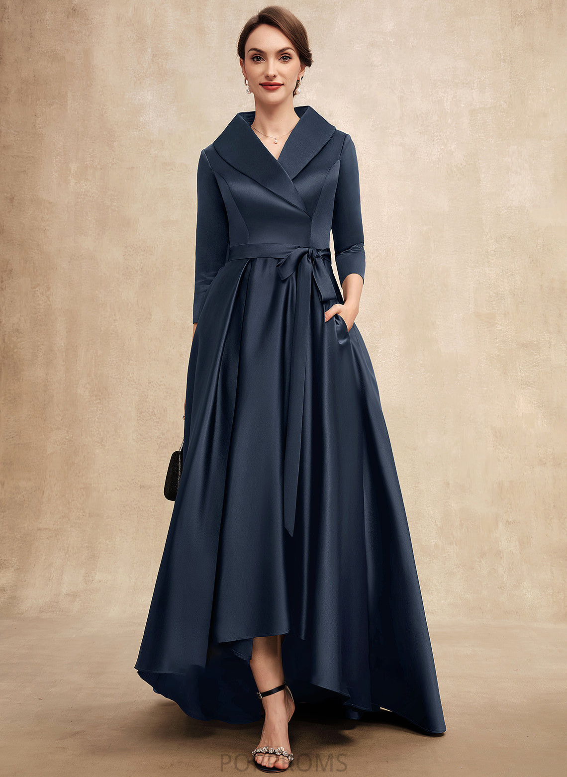 Asymmetrical Dress Mother Bride the Bow(s) Jazlyn A-Line of Mother of the Bride Dresses V-neck With Satin Pockets