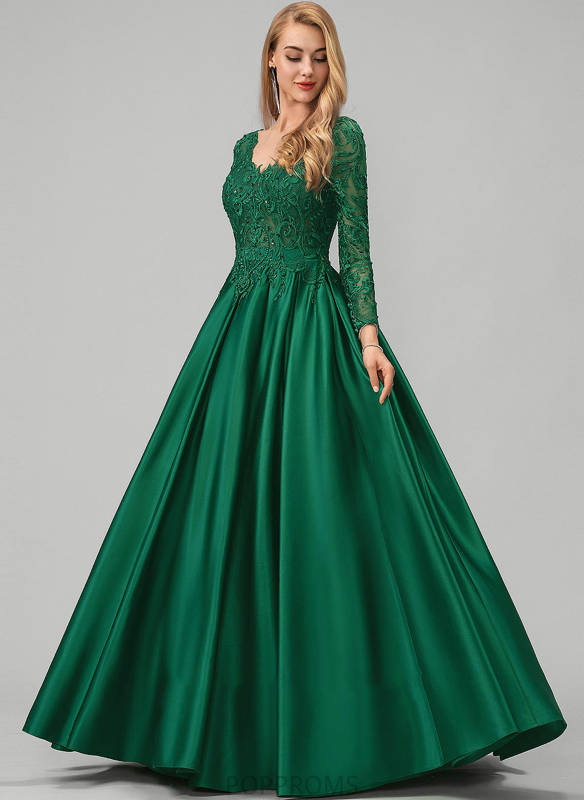 Sequins Ball-Gown/Princess With Satin V-neck Beading Prom Dresses Lace Pockets Floor-Length Gianna