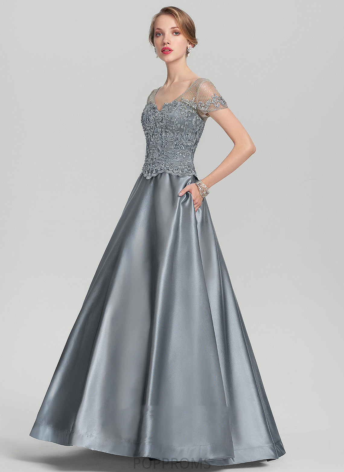 Bride the Helen V-neck A-Line Mother of the Bride Dresses Beading of With Dress Sequins Satin Mother Floor-Length Lace