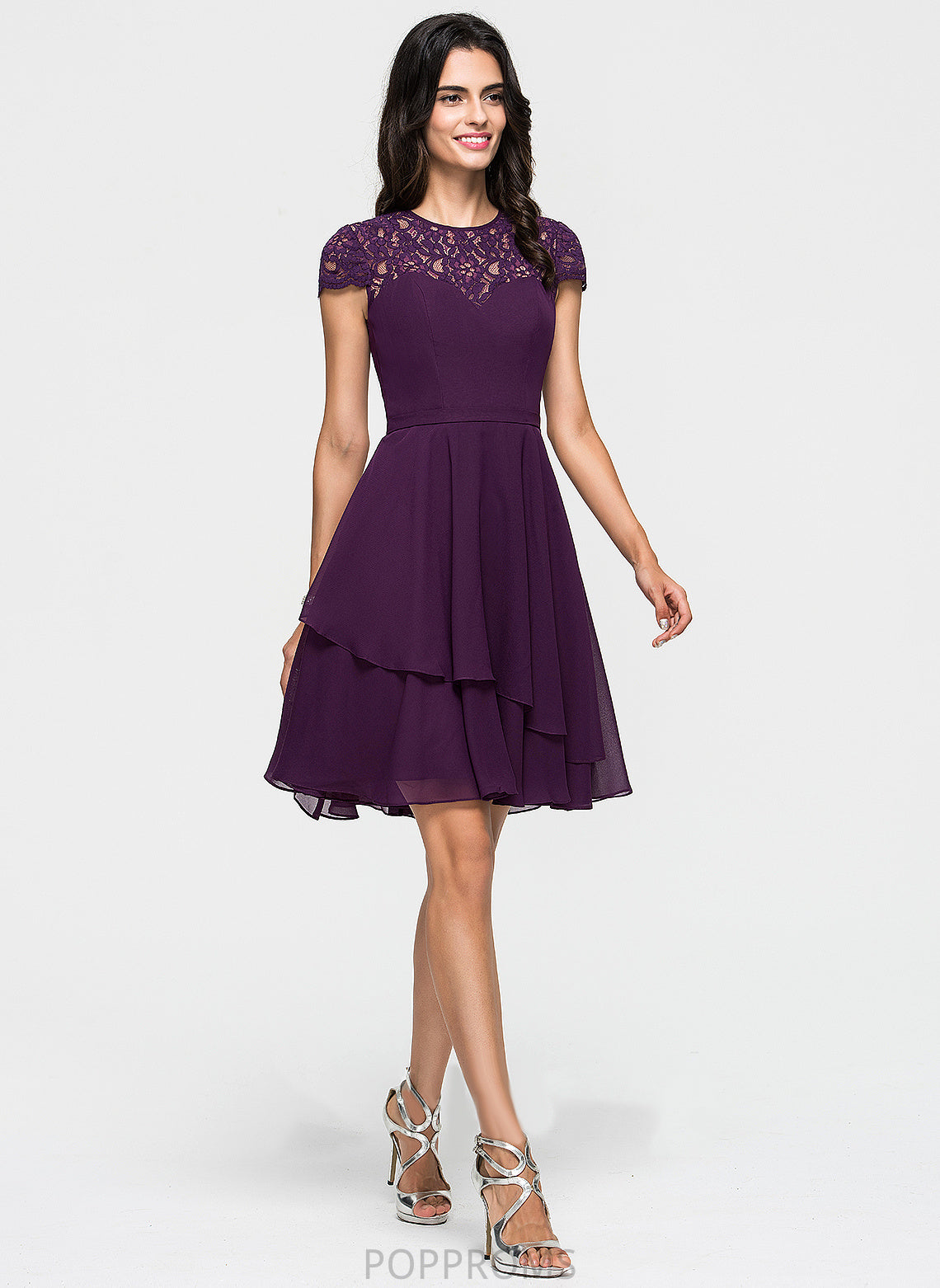 A-Line Knee-Length Ruffles Homecoming Lace Chiffon Homecoming Dresses Cascading With Scoop Neck Dress Carina