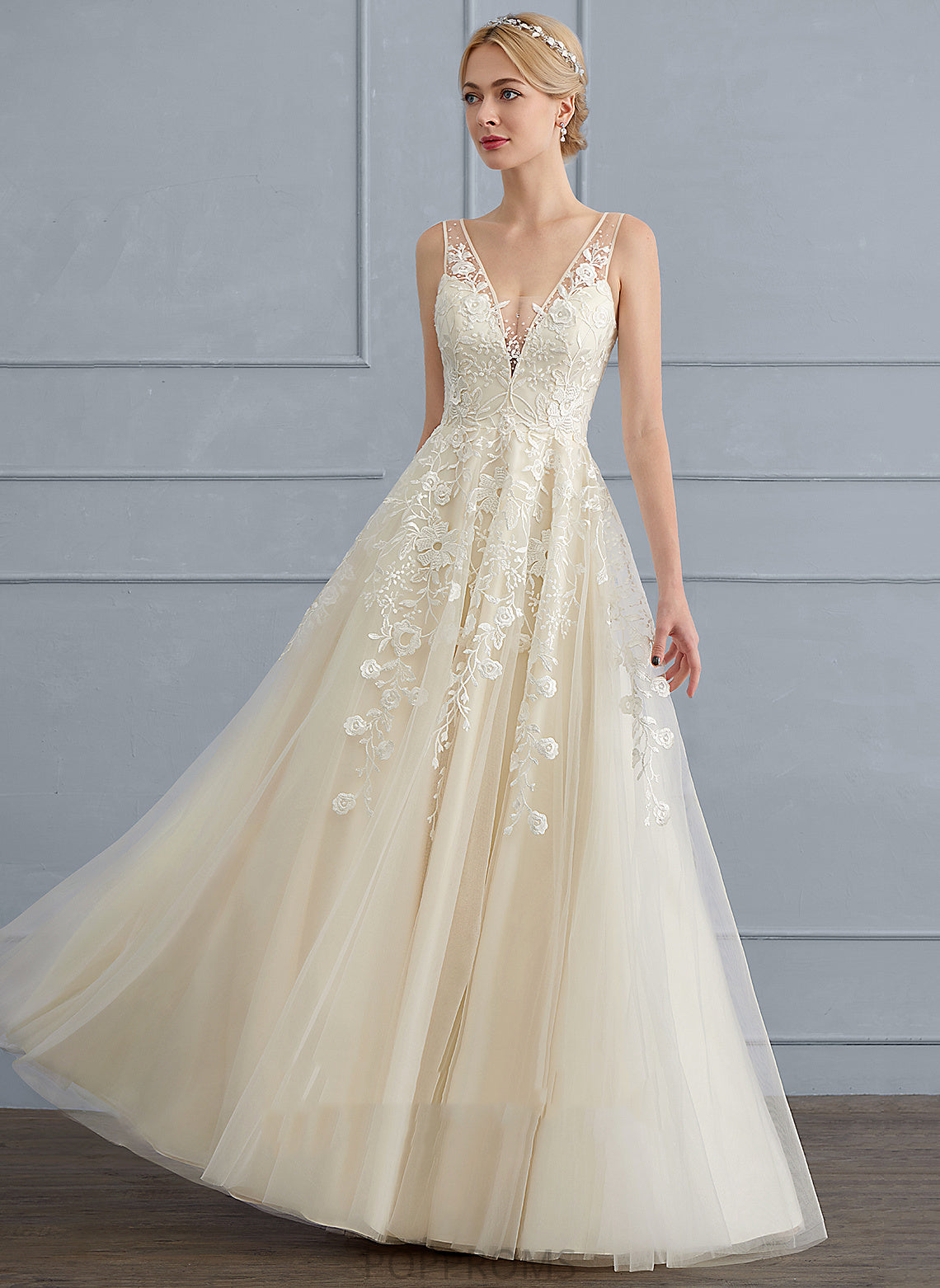 Dress Nora Beading Wedding Sequins With Lace Tulle Wedding Dresses Floor-Length V-neck A-Line