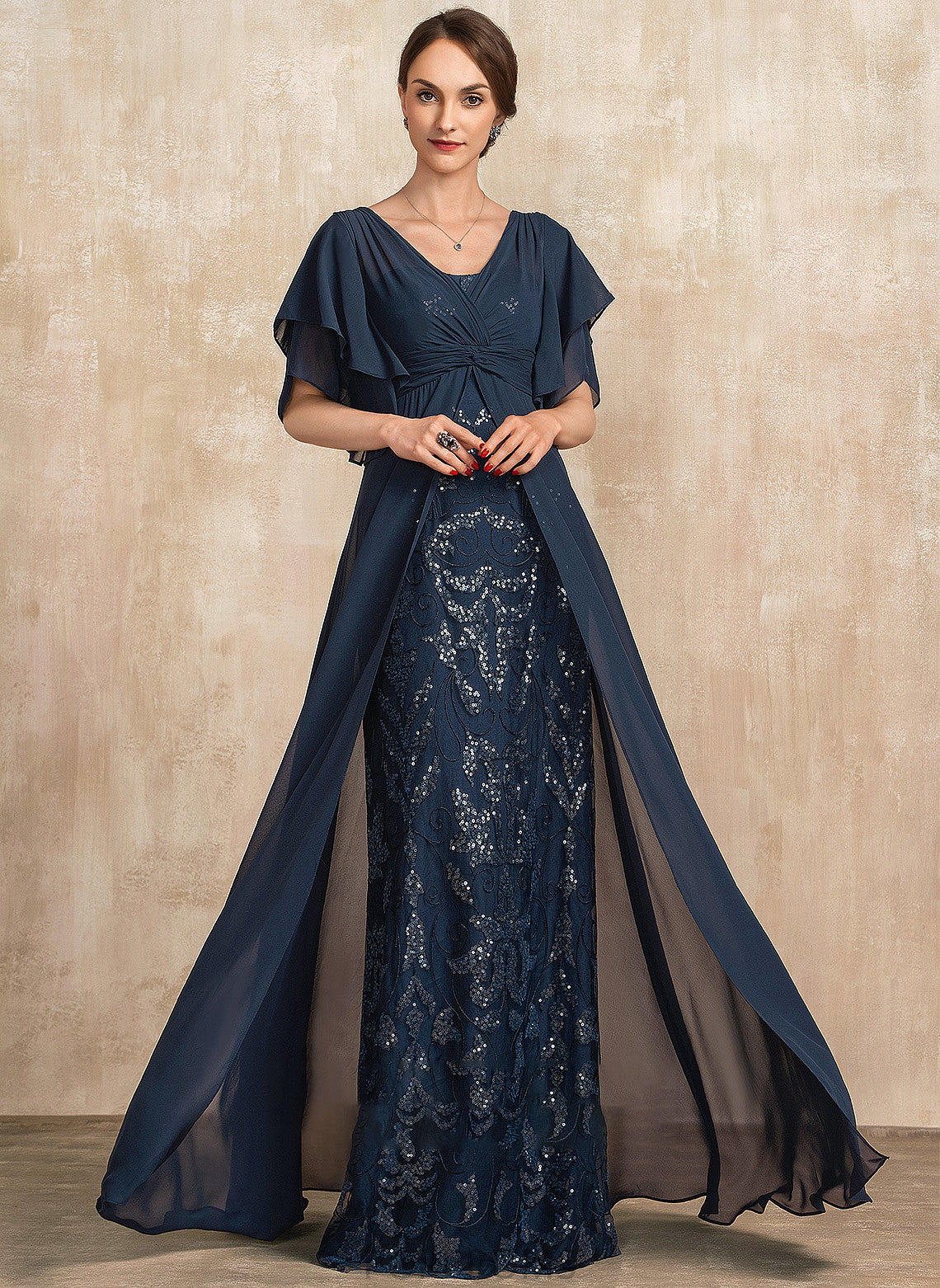 Sequins Lace Floor-Length Micaela the Ruffle Sheath/Column V-neck Bride of Dress With Mother Mother of the Bride Dresses Chiffon