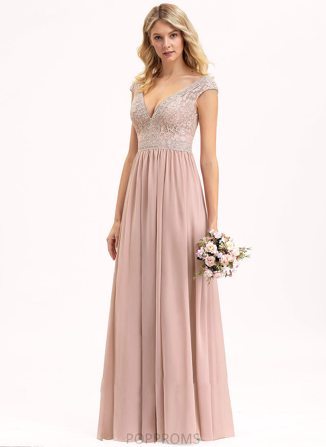 Fabric Floor-Length Length V-neck A-Line Straps Neckline Lace Silhouette Kaylen Natural Waist A-Line/Princess Bridesmaid Dresses