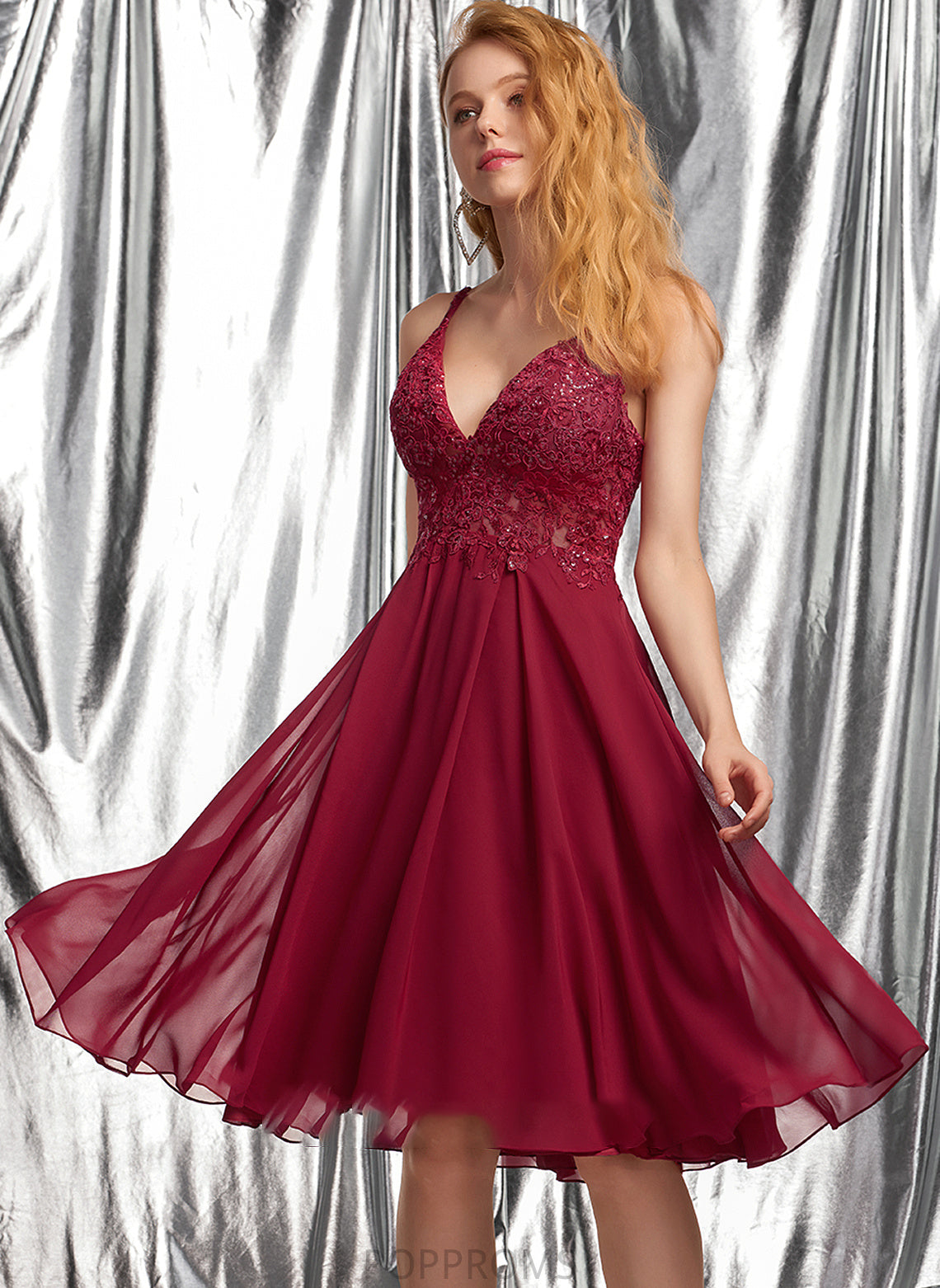 With Sequins Chiffon A-Line Prom Dresses Knee-Length Caitlin V-neck