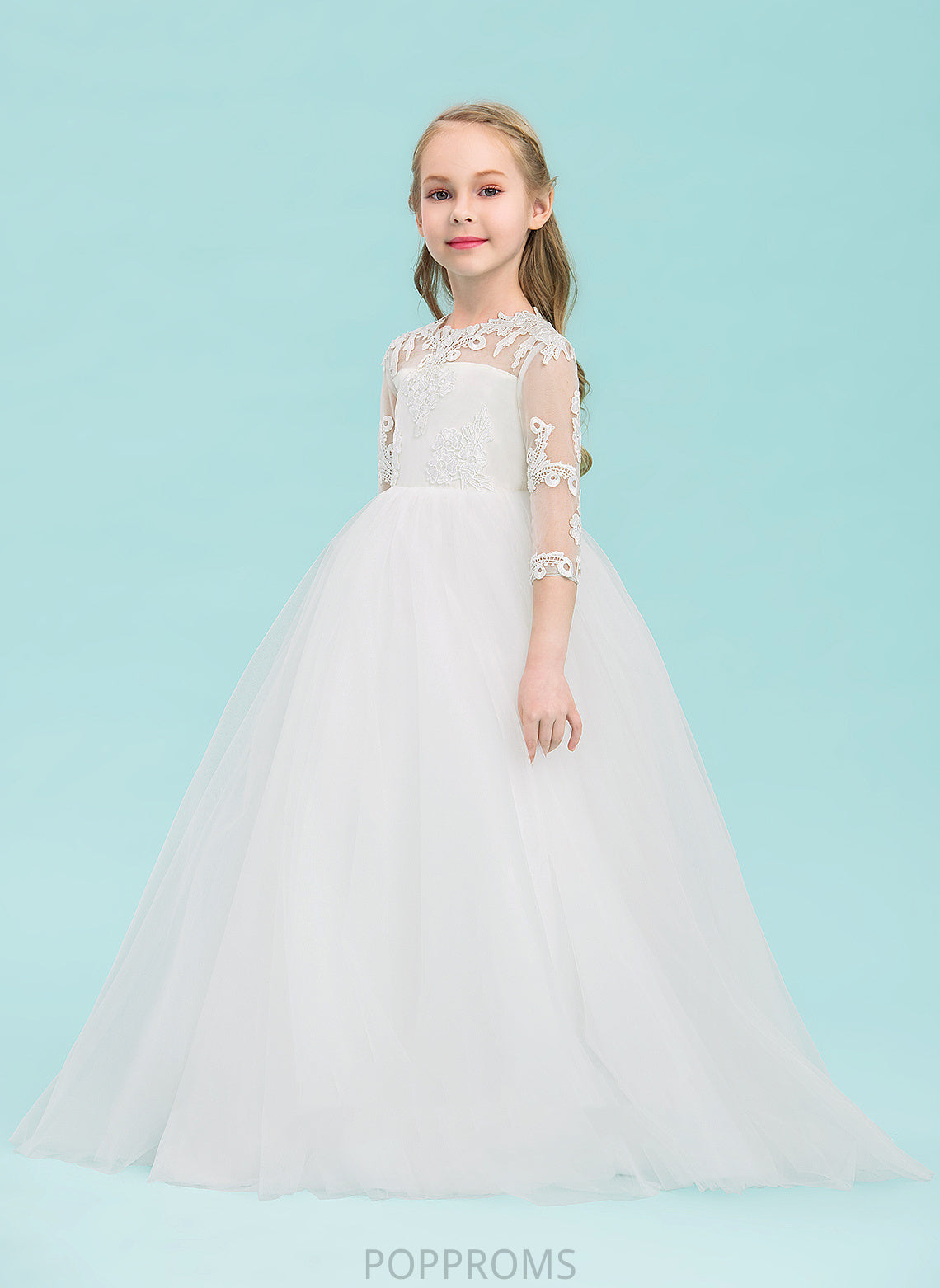 Floor-length - Flower Tulle 3/4 Ball-Gown/Princess Dress Girl Neck Sleeves Flower Girl Dresses Scoop Charlotte