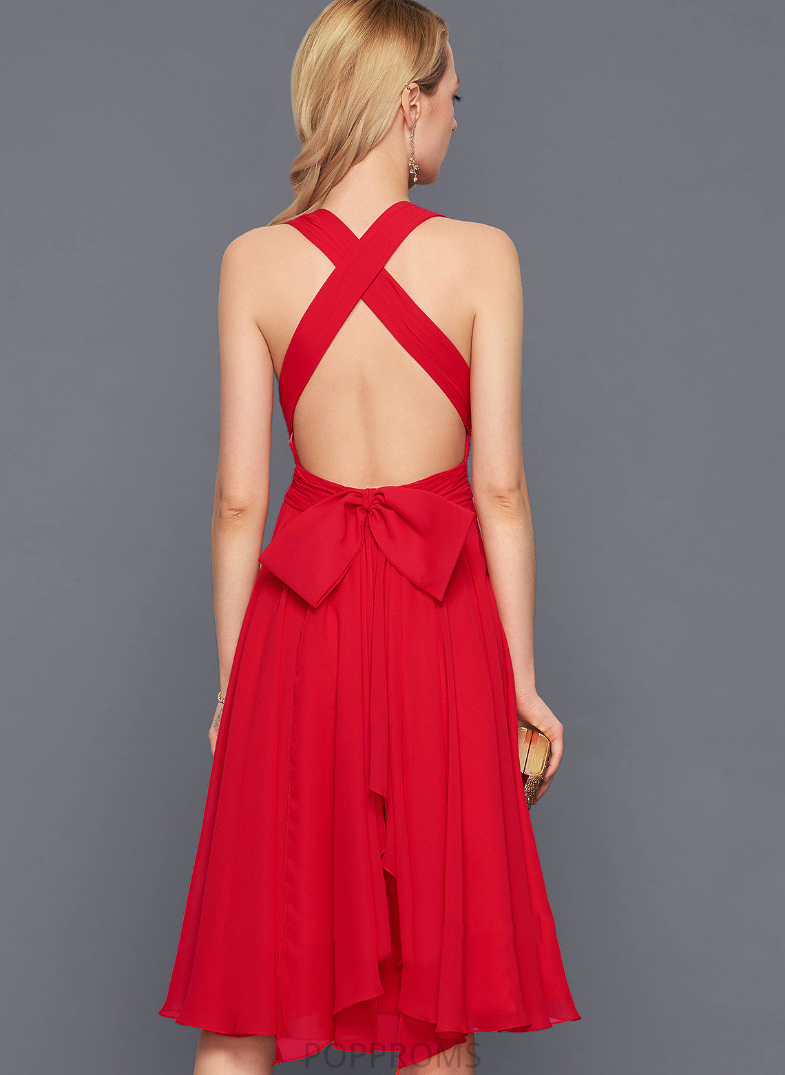 With Ruffle A-Line Cocktail Dress Bow(s) Kelsie Knee-Length Cocktail Dresses V-neck Chiffon