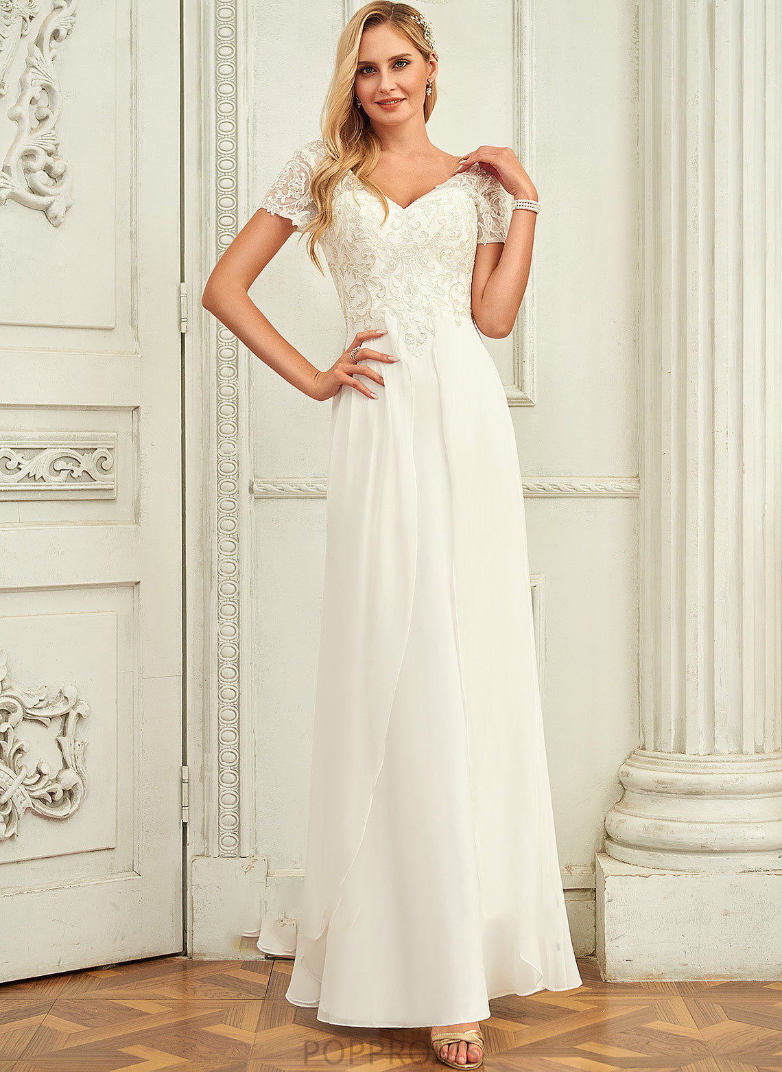 Dress With V-neck Wedding Madeline Floor-Length A-Line Wedding Dresses Lace Lace Chiffon