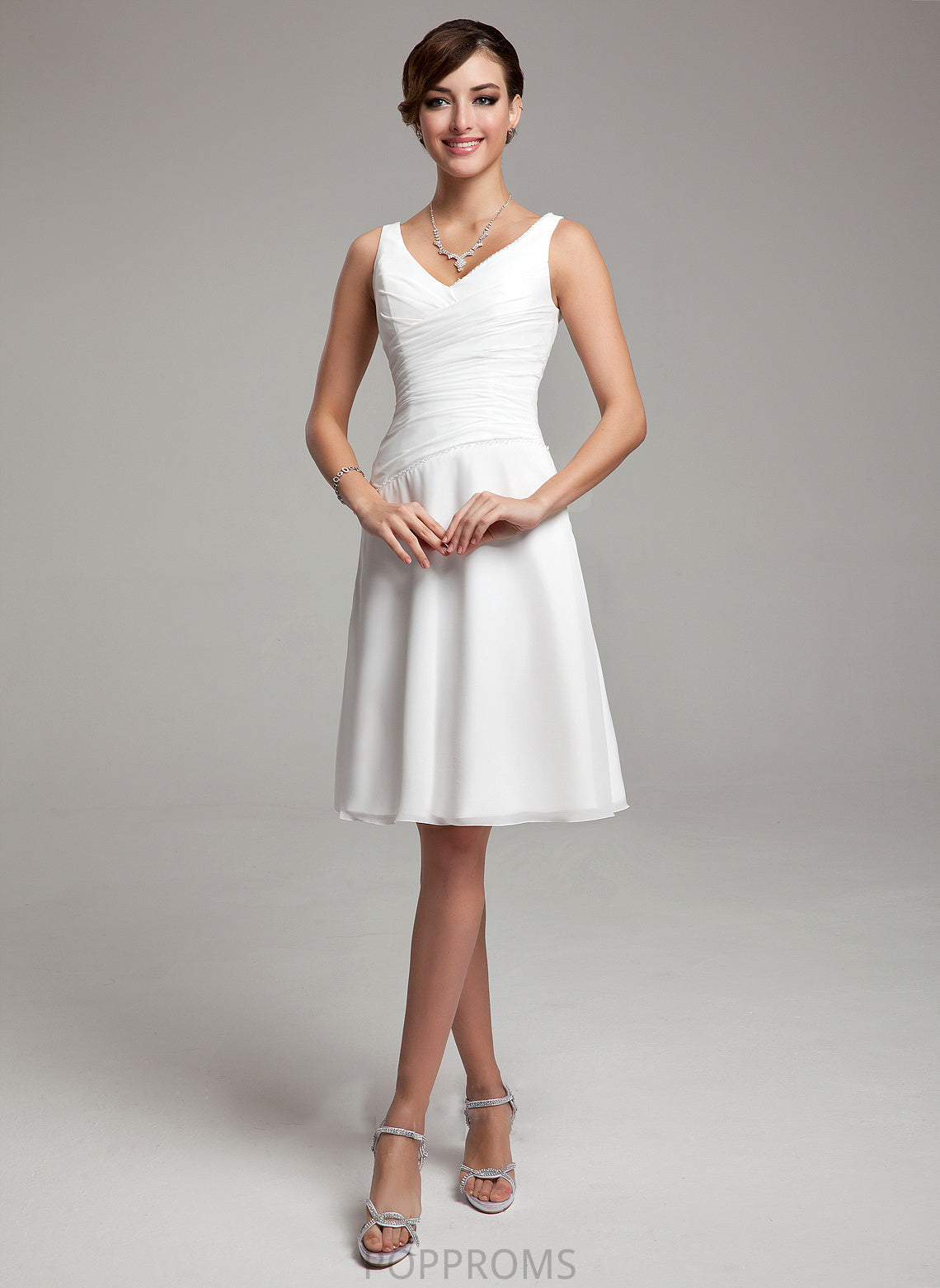 Wedding Dress Knee-Length Sequins V-neck With Ruffle Wedding Dresses Clarissa A-Line Beading Chiffon