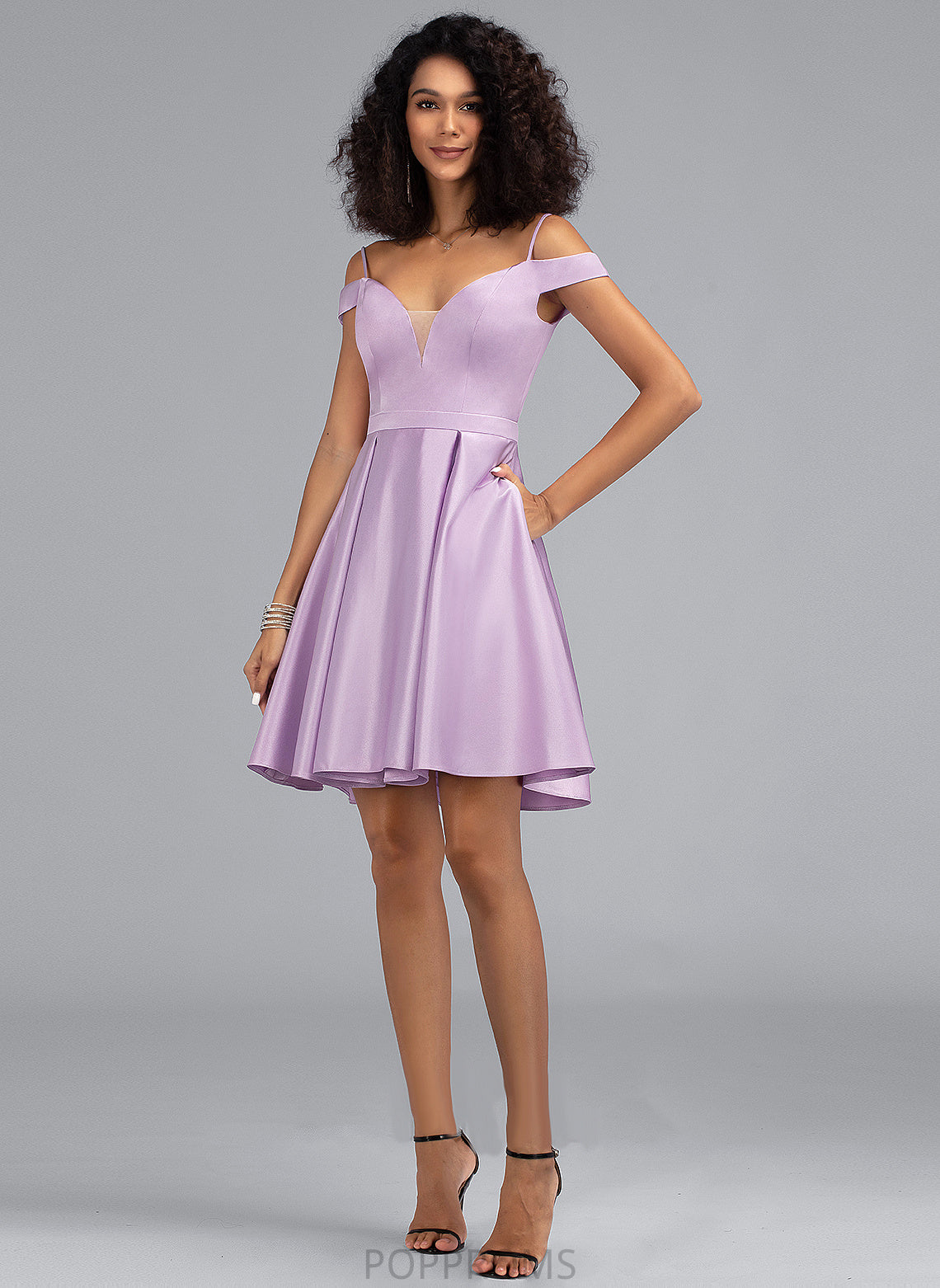 Homecoming Dress Short/Mini A-Line Satin Off-the-Shoulder With Pockets Norma Bow(s) Homecoming Dresses