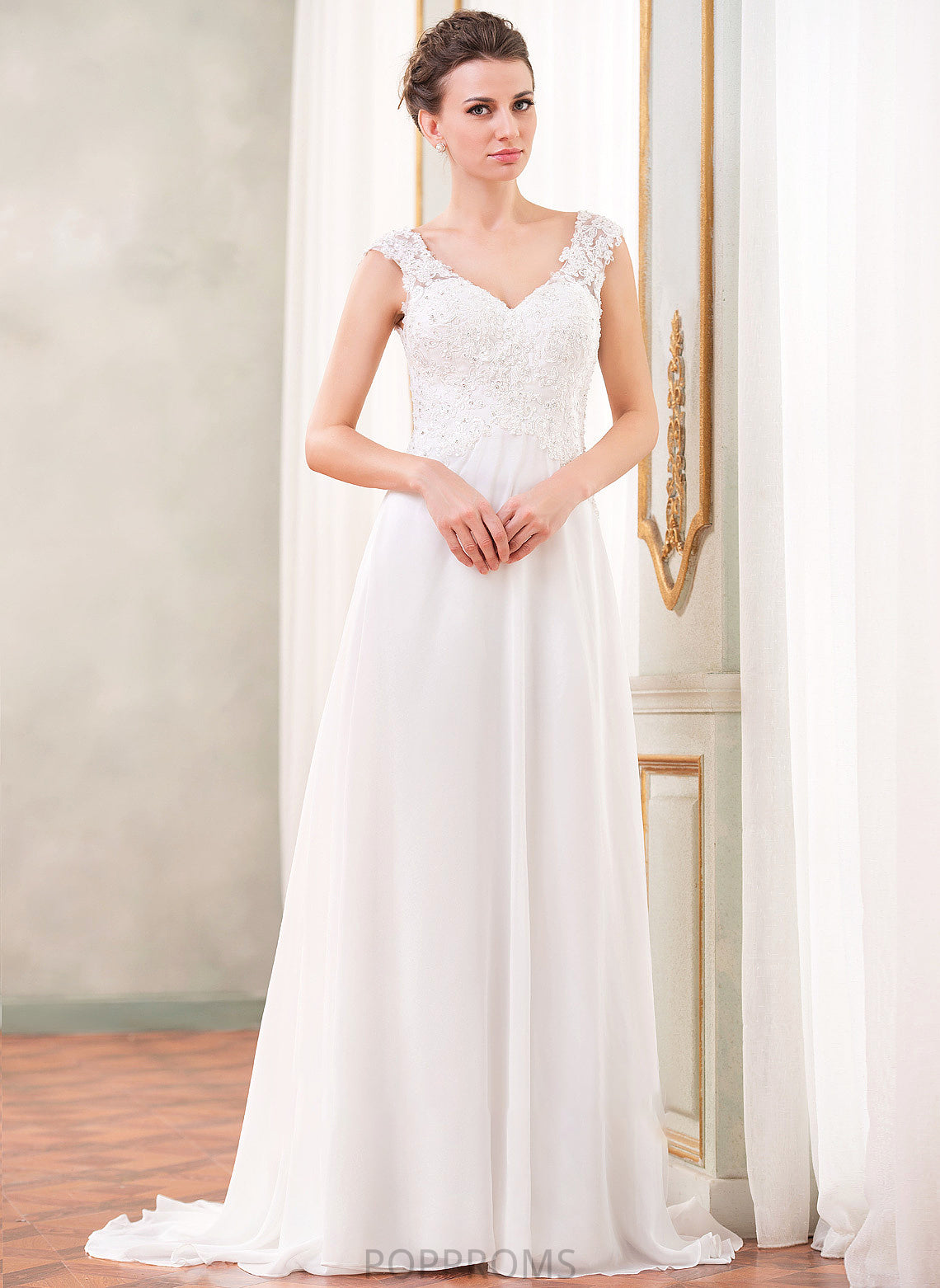 Beading Sequins Lace Wedding Dresses With Sweep Wedding Chiffon Train A-Line Dress V-neck Giovanna