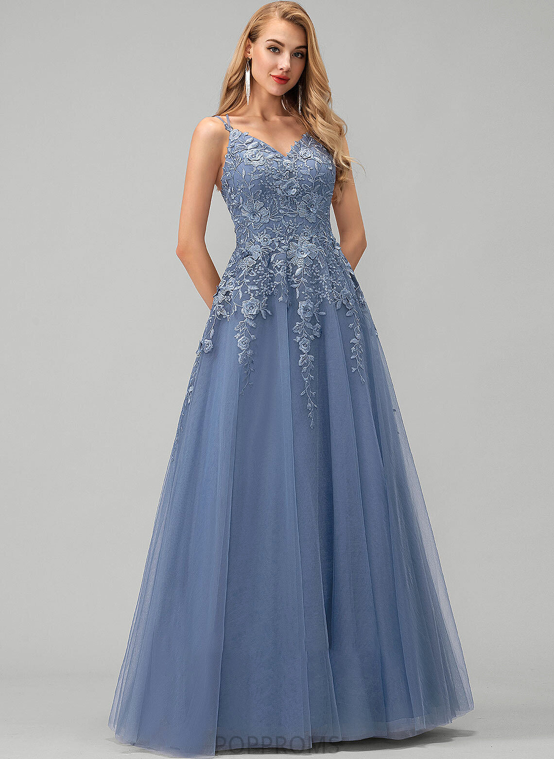 Tulle With Floor-Length Prom Dresses Lace Ball-Gown/Princess Novia V-neck