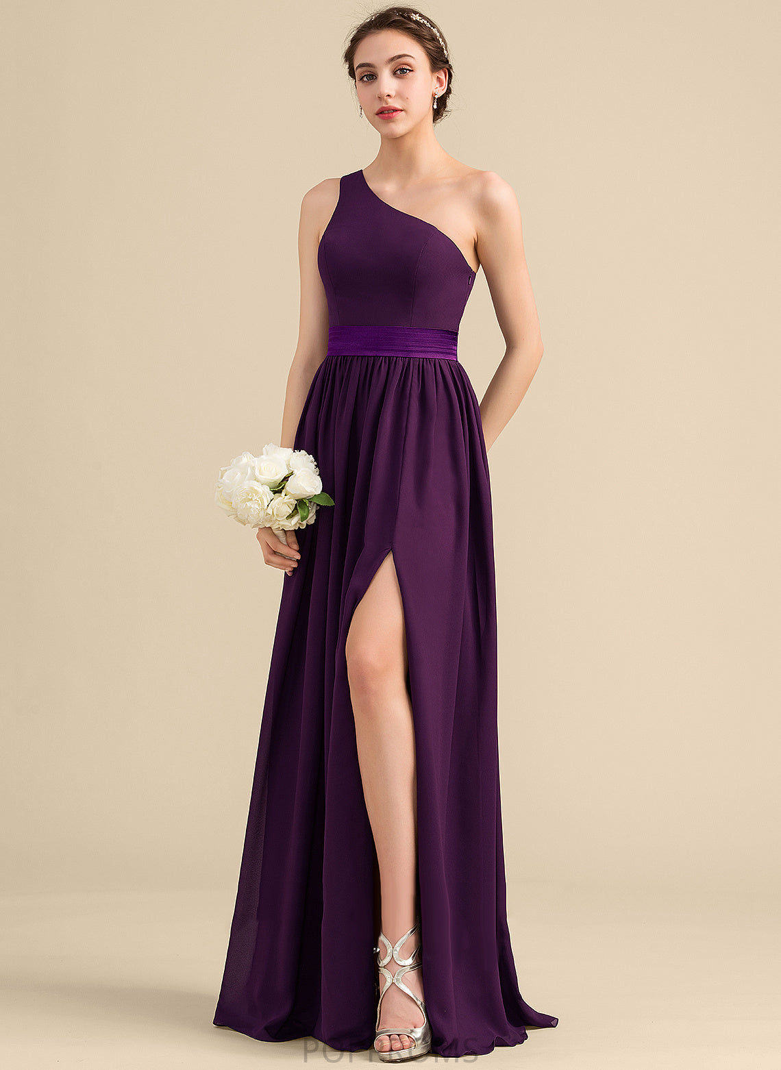 Neckline Ruffle Silhouette Floor-Length One-Shoulder Length A-Line Fabric Embellishment SplitFront Joanne Spaghetti Staps Bridesmaid Dresses