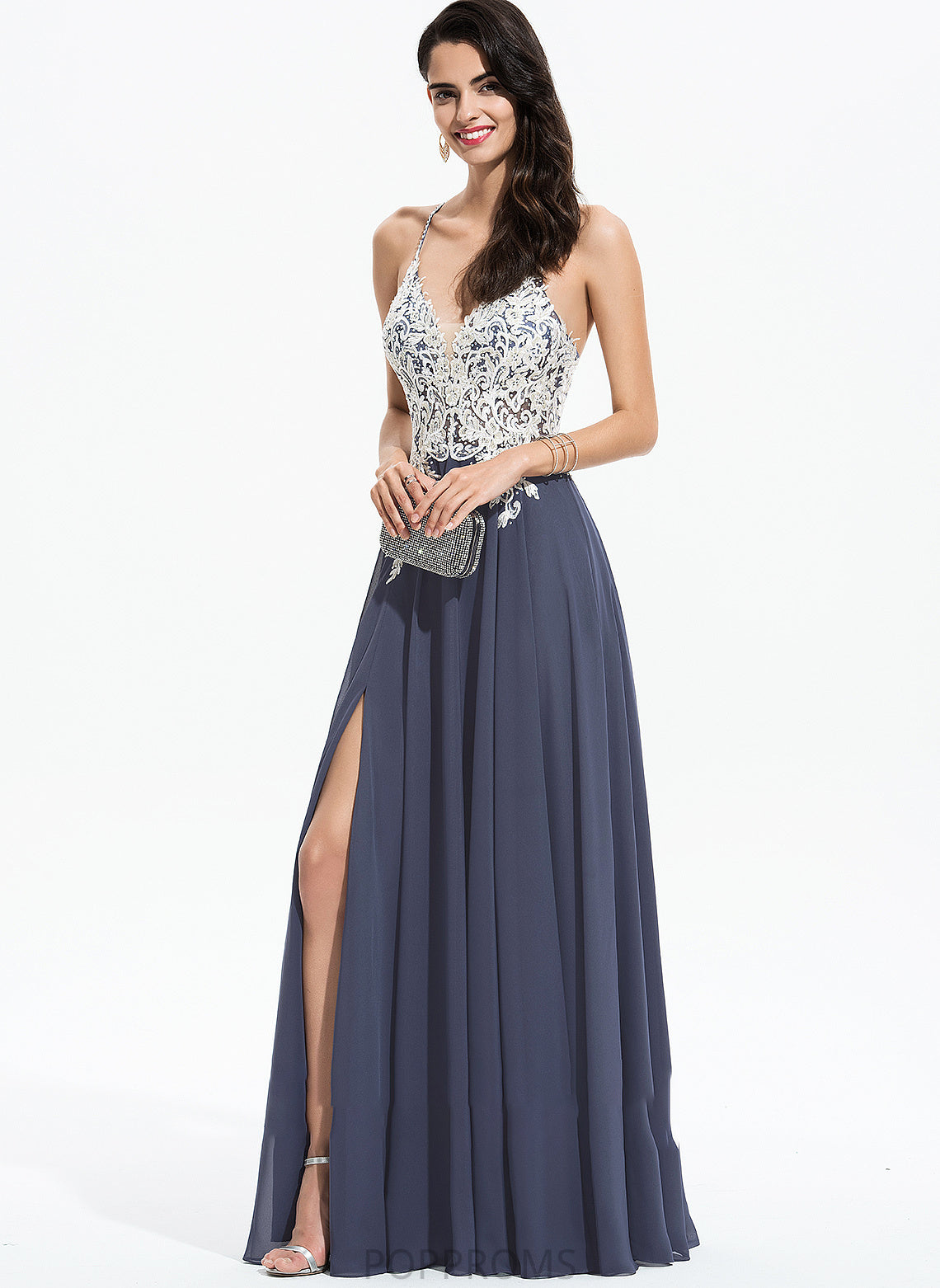 Zion Split A-Line With Front Lace Chiffon Sequins Prom Dresses Beading Floor-Length