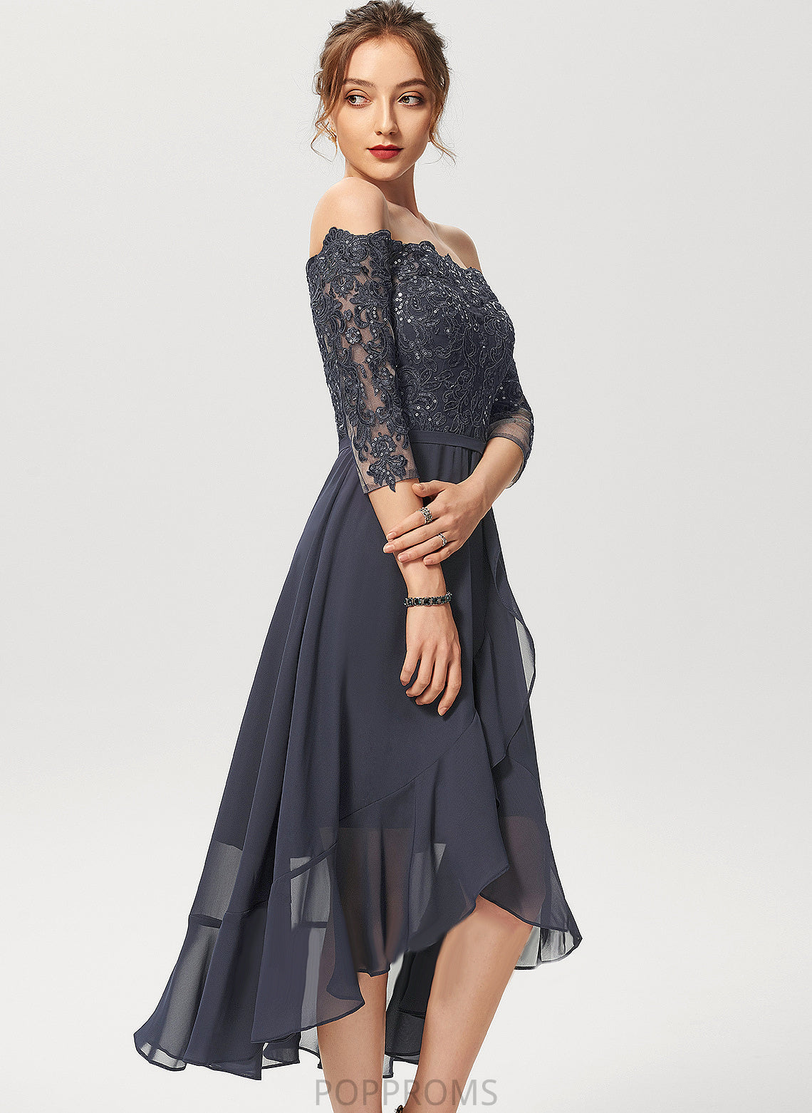 Off-the-Shoulder Cocktail Dresses With A-Line Asymmetrical Nancy Cocktail Lace Chiffon Sequins Dress