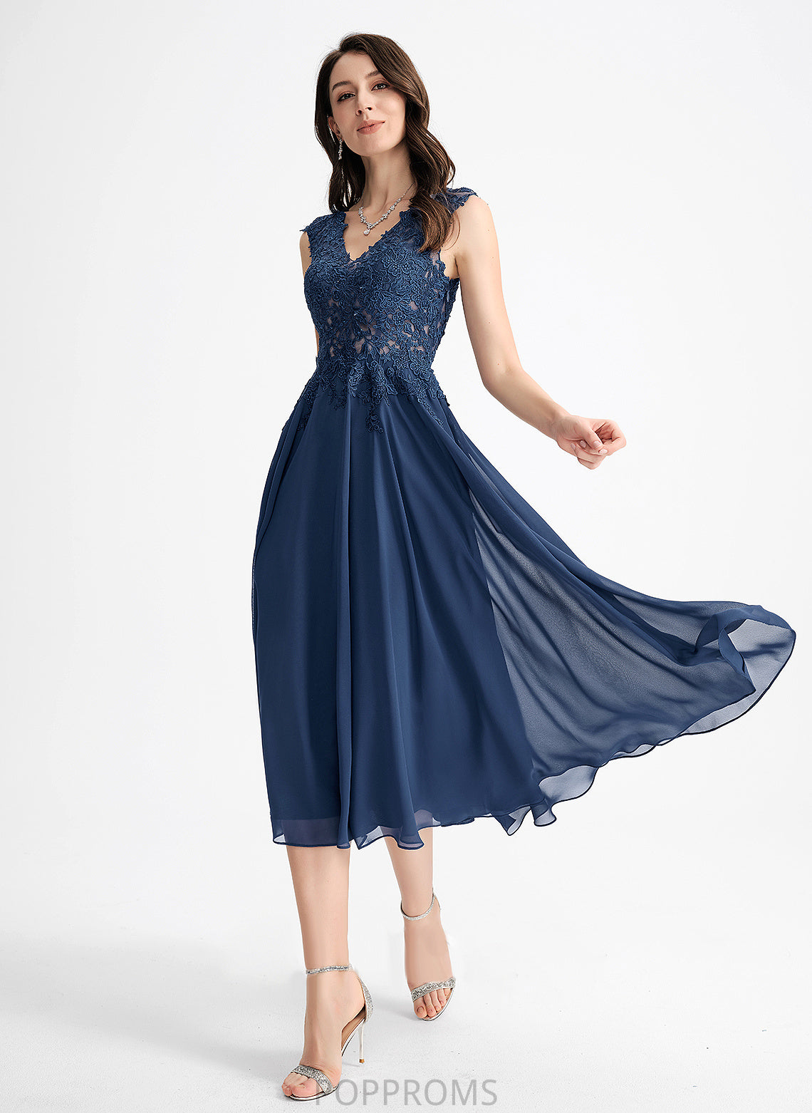 Alissa A-Line Cocktail Dresses Tea-Length Lace Cocktail Chiffon Dress V-neck