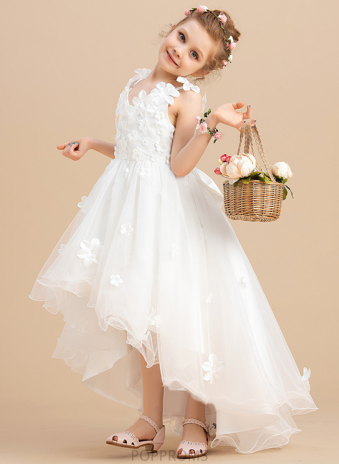 Asymmetrical With Catherine Dress Beading/Flower(s)/Bow(s) Ball-Gown/Princess V-neck Sleeveless - Girl Flower Tulle Flower Girl Dresses